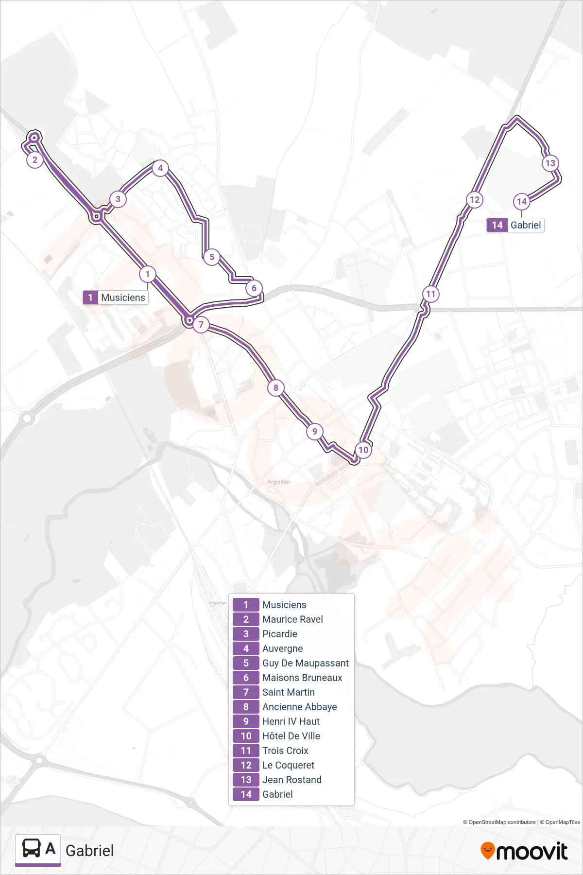 Recorrido y paradas de la línea A de autobús (Gabriel) en el mapa