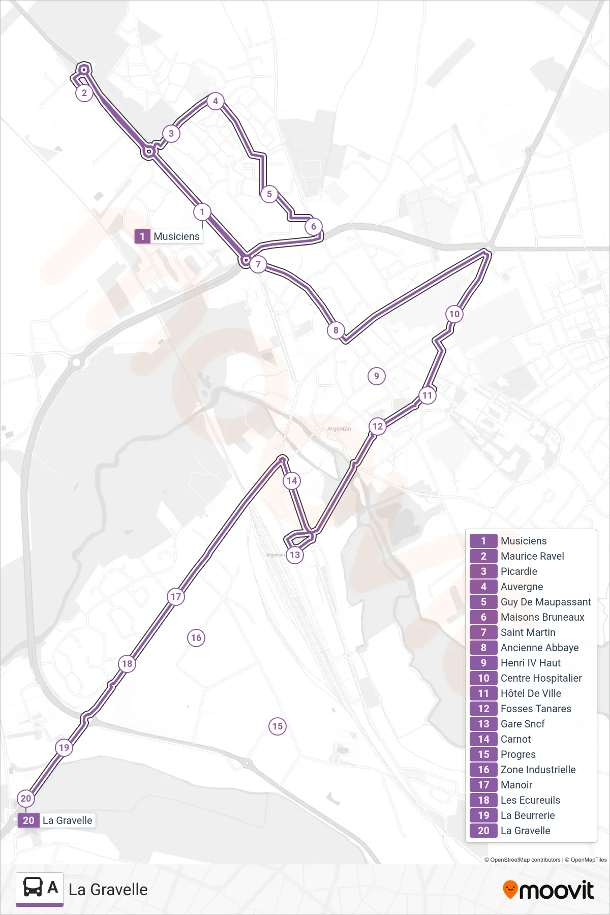Recorrido y paradas de la línea A de autobús (La Gravelle) en el mapa