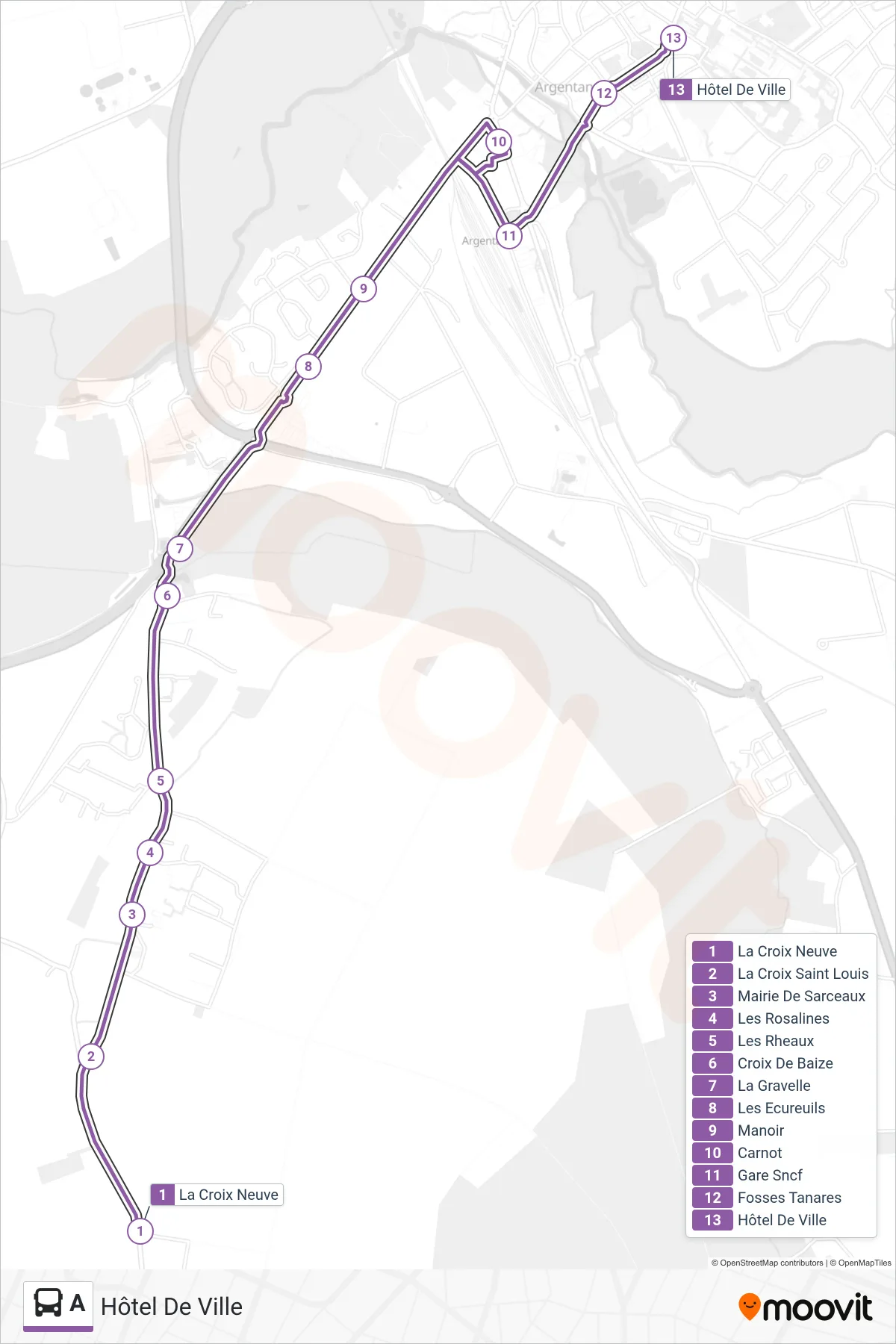 Recorrido y paradas de la línea A de autobús (Hôtel De Ville) en el mapa