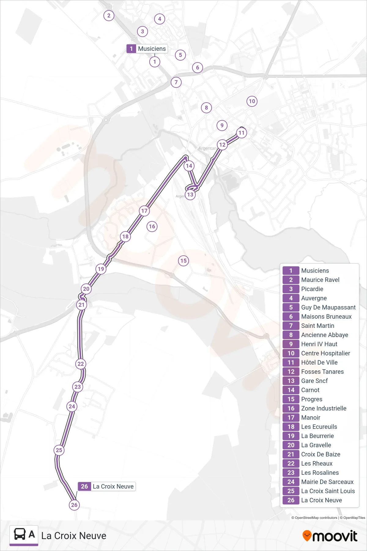 A bus Line (La Croix Neuve) route and stops on a map