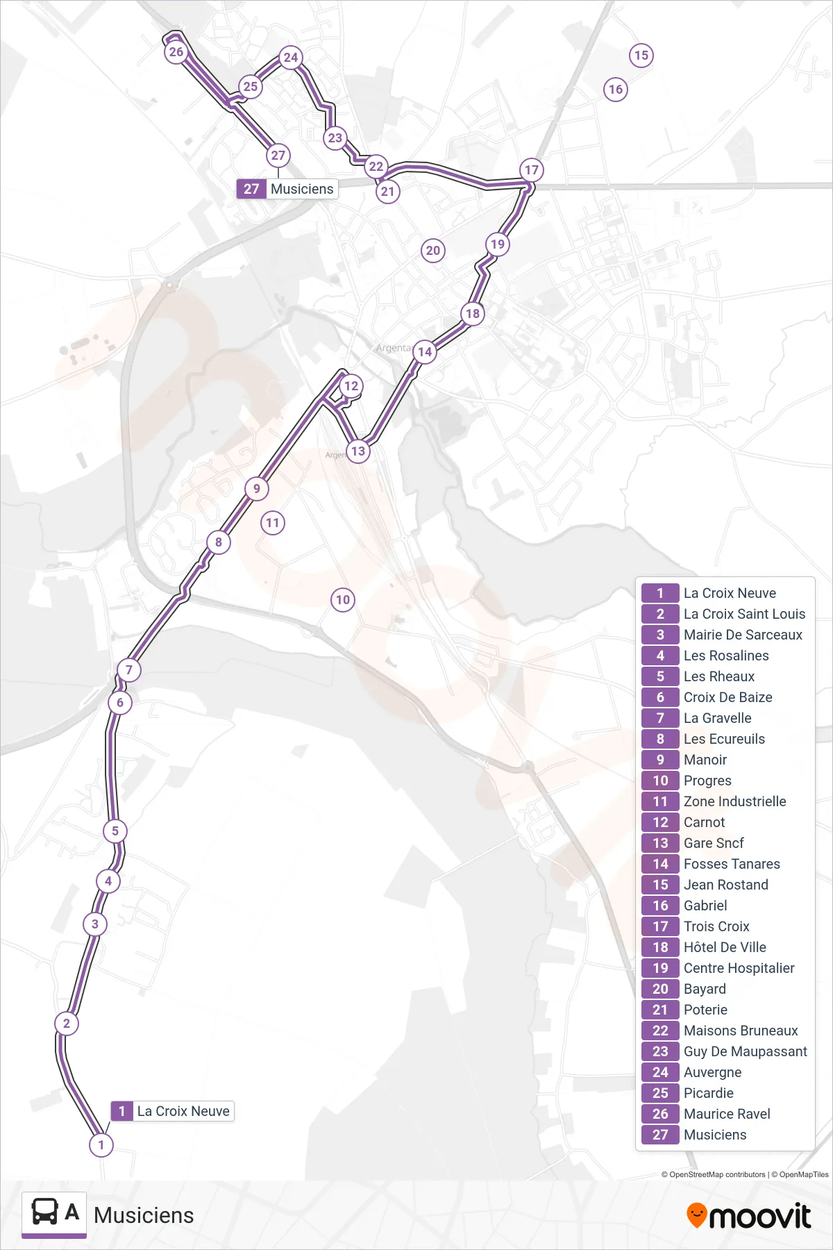 Recorrido y paradas de la línea A de autobús (Musiciens) en el mapa