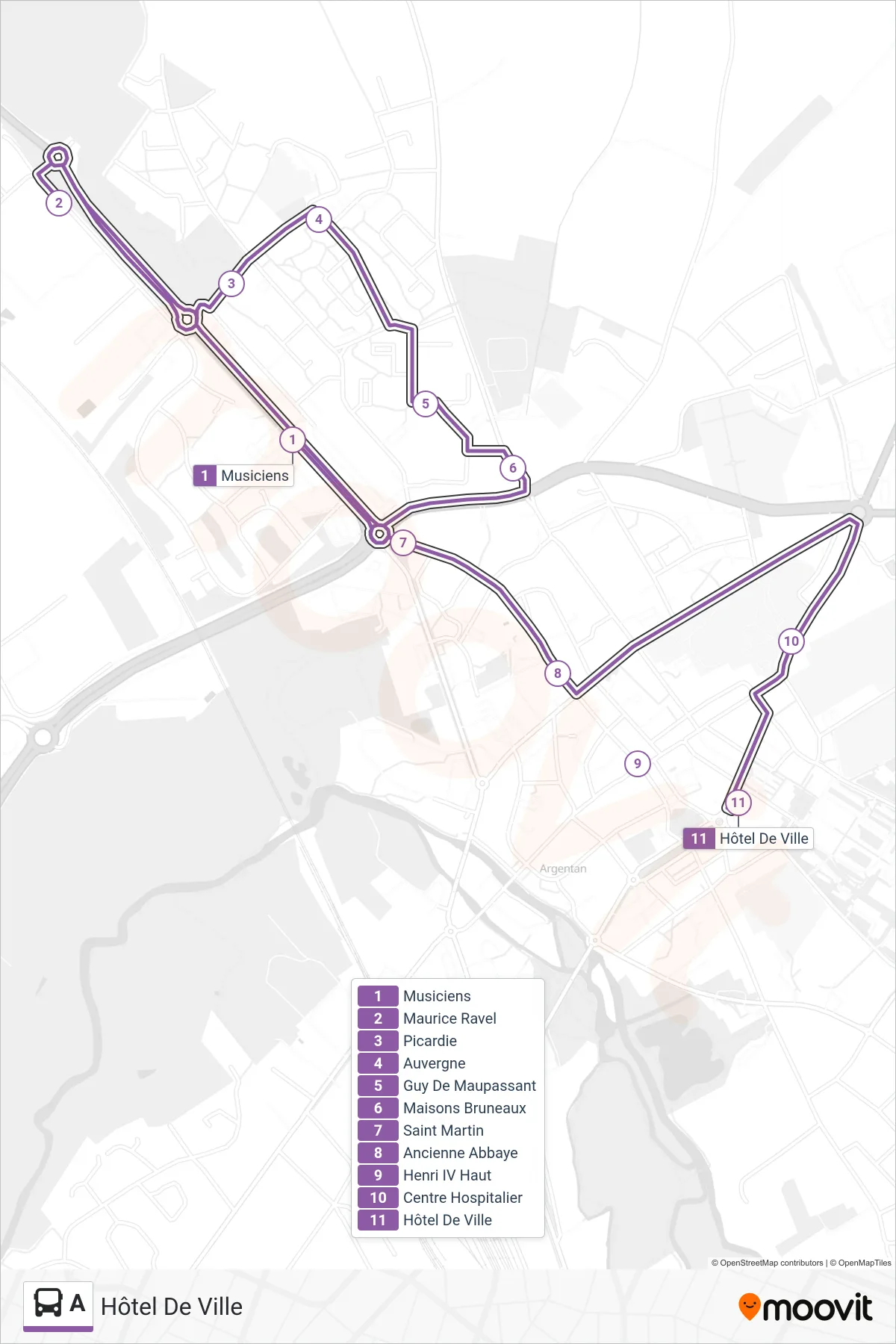Recorrido y paradas de la línea A de autobús (Hôtel De Ville) en el mapa