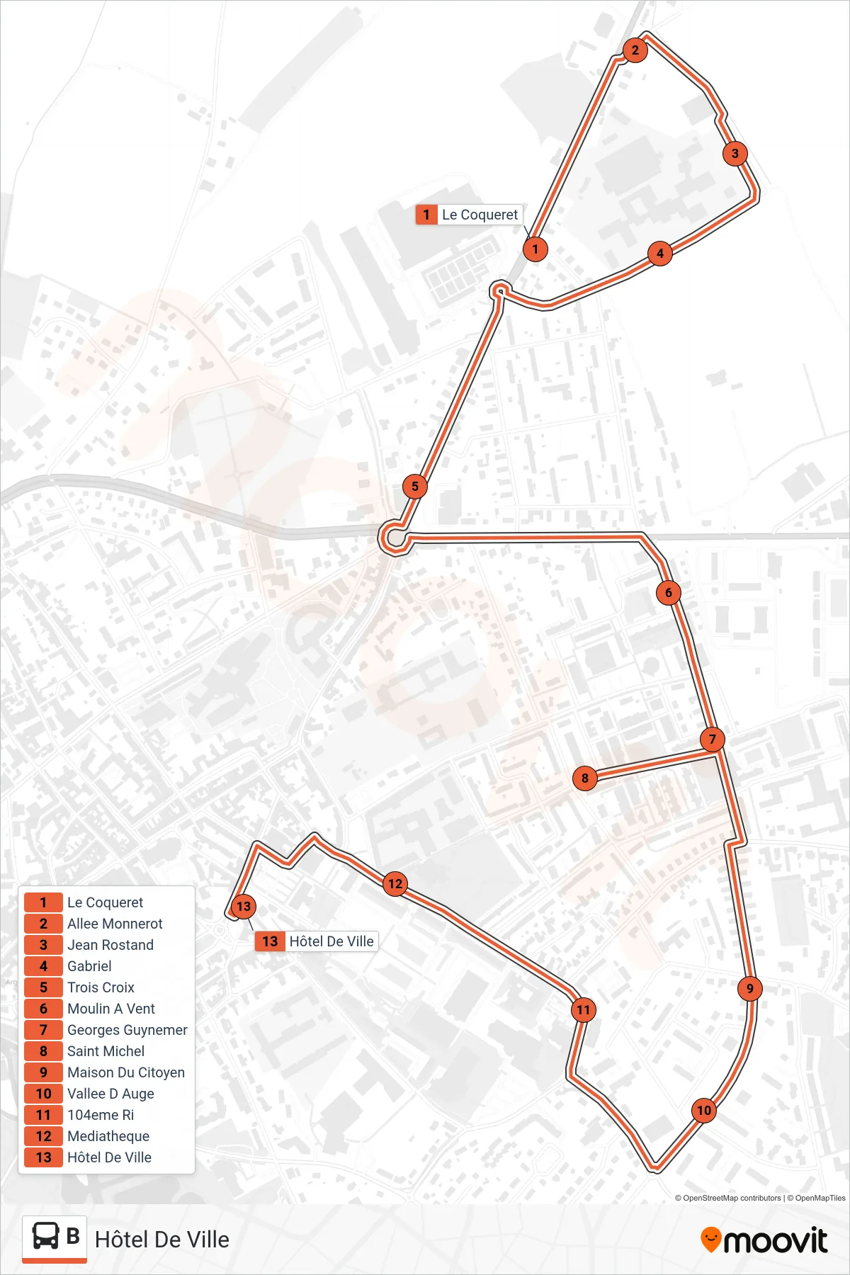 Tracé et arrêts de la ligne B de bus (Hôtel De Ville) sur une carte