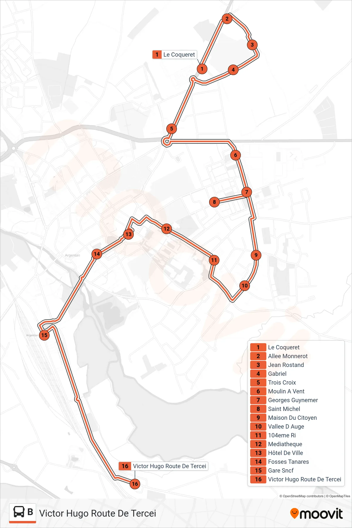 Tracé et arrêts de la ligne B de bus (Victor Hugo Route De Tercei) sur une carte