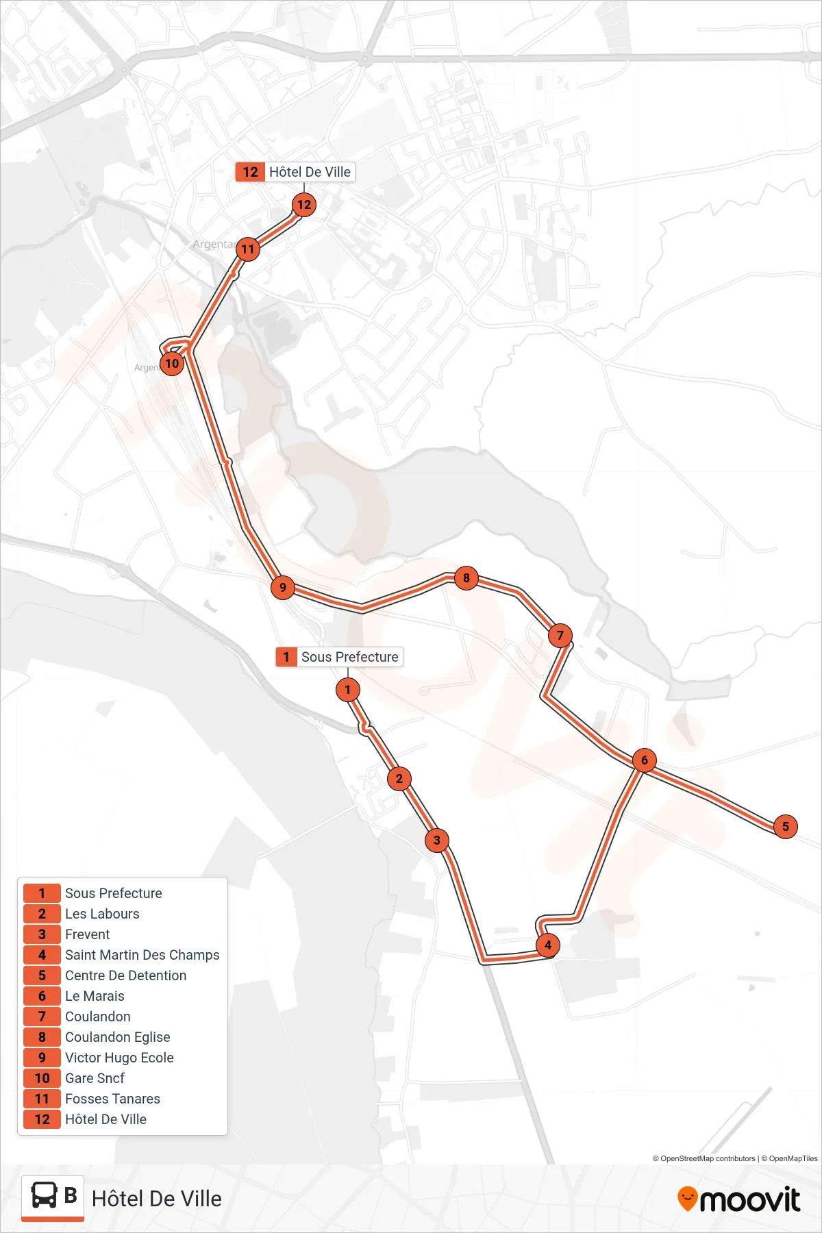 Tracé et arrêts de la ligne B de bus (Hôtel De Ville) sur une carte