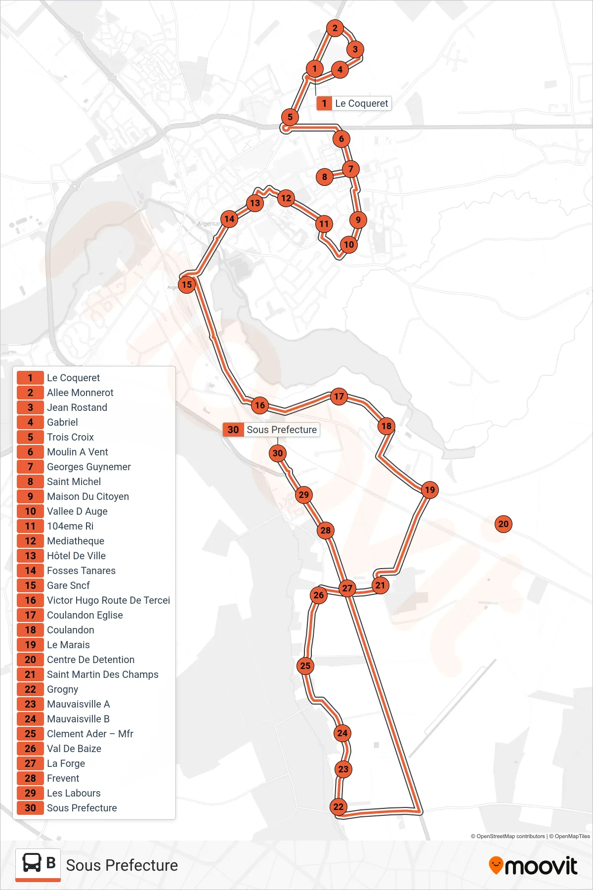 B bus Line (Sous Prefecture) route and stops on a map