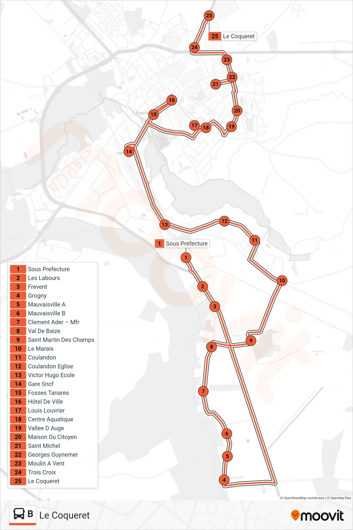Tracé et arrêts de la ligne B de bus (Le Coqueret) sur une carte