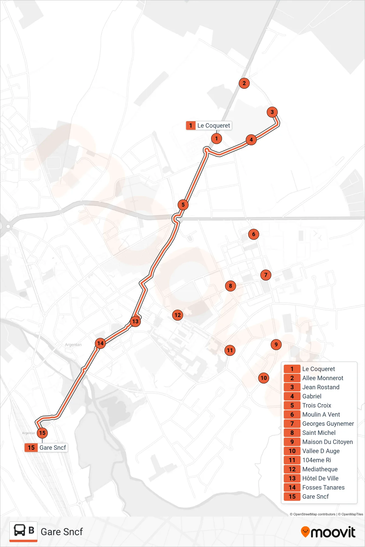 Tracé et arrêts de la ligne B de bus (Gare Sncf) sur une carte