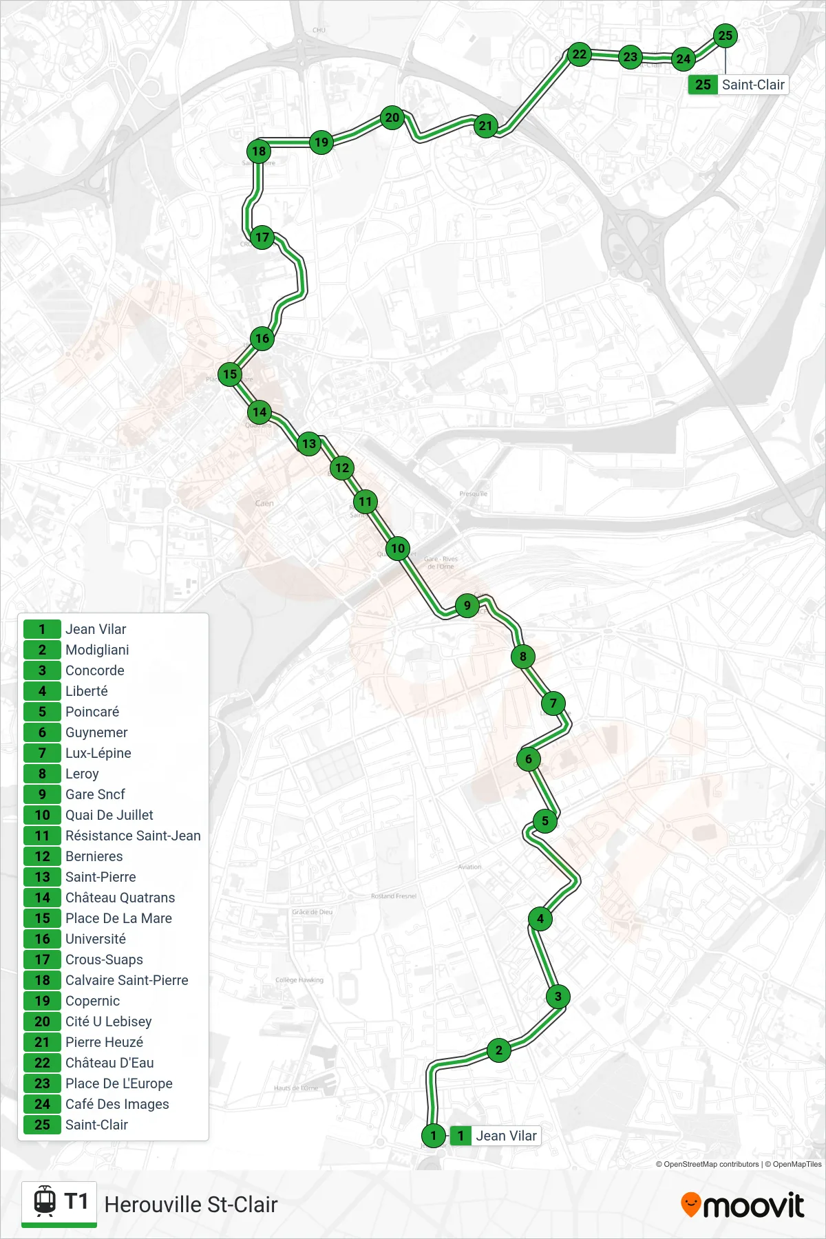 Tracé et arrêts de la ligne T1 de tram (Herouville St-Clair) sur une carte