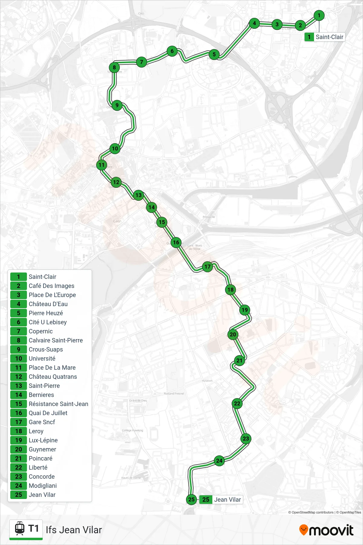 Tracé et arrêts de la ligne T1 de tram (Ifs Jean Vilar) sur une carte