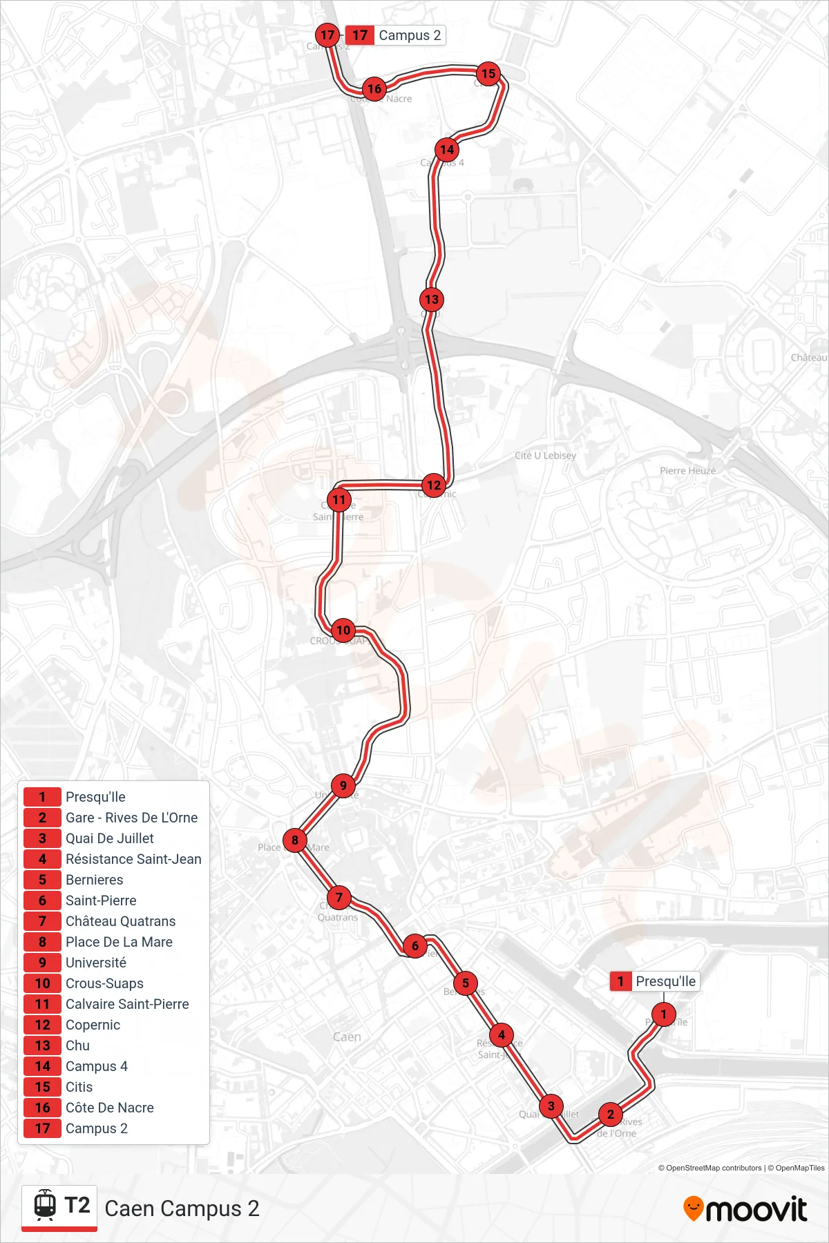Tracé et arrêts de la ligne T2 de tram (Caen Campus 2) sur une carte