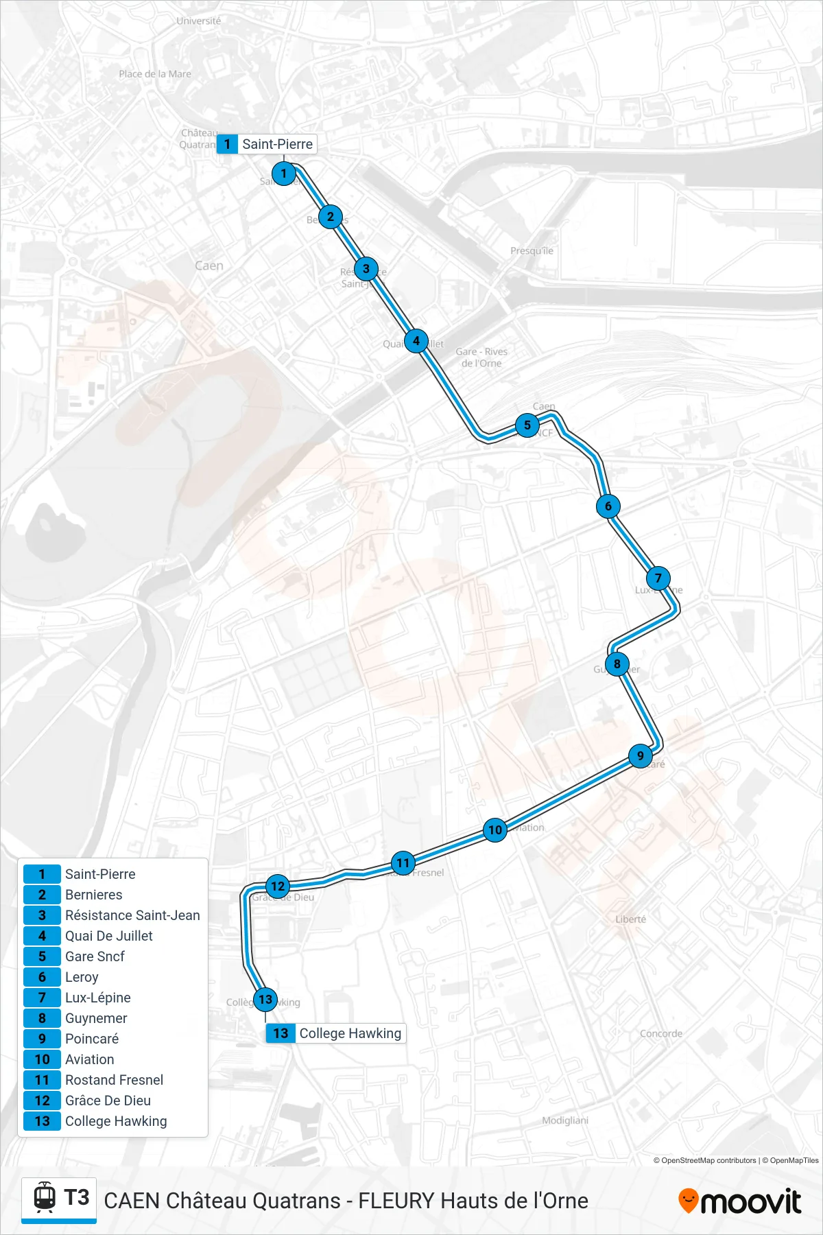 Tracé et arrêts de la ligne T3 de tram (Fleury College Hawking) sur une carte
