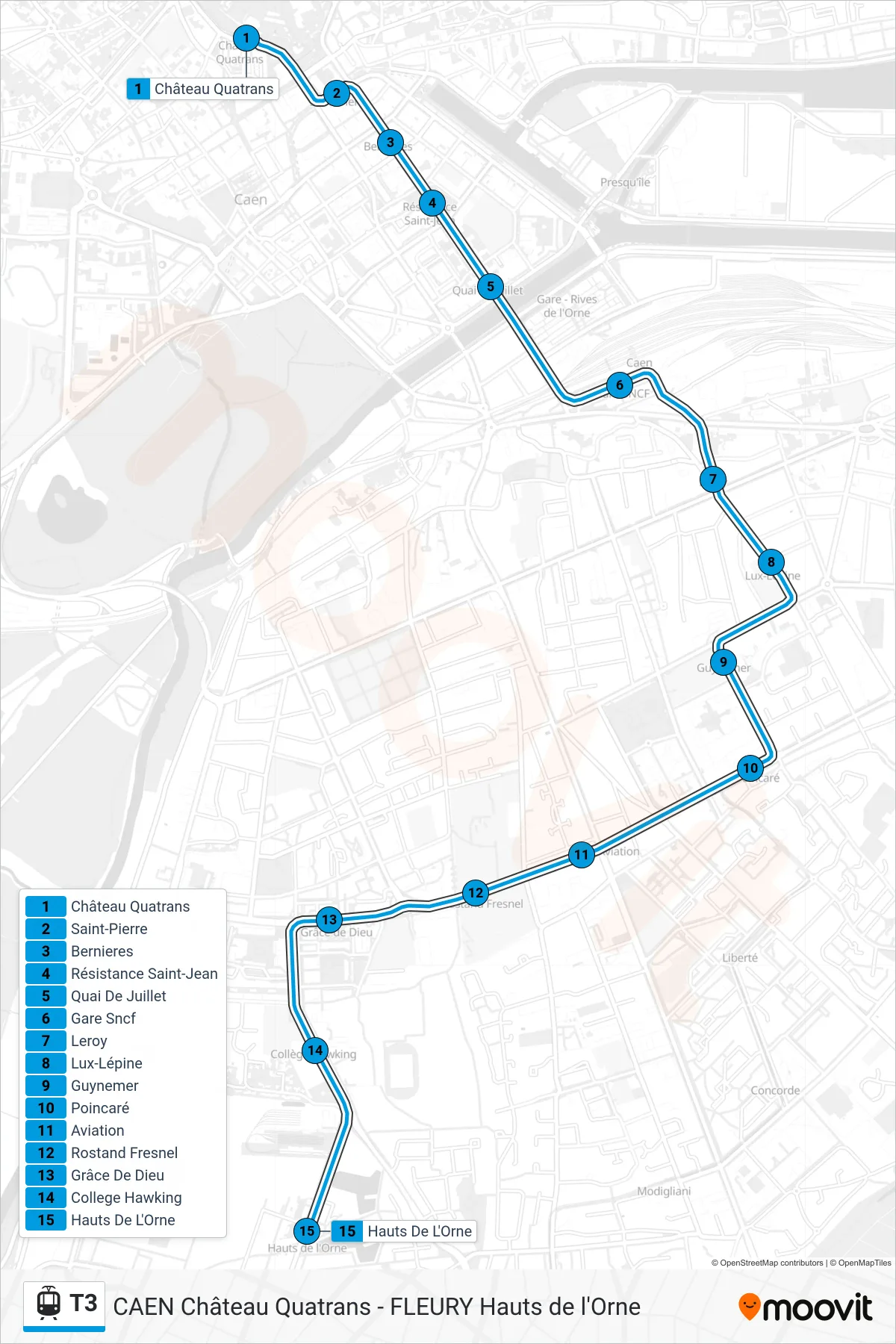 Tracé et arrêts de la ligne T3 de tram (Fleury Hauts De L'Orne) sur une carte