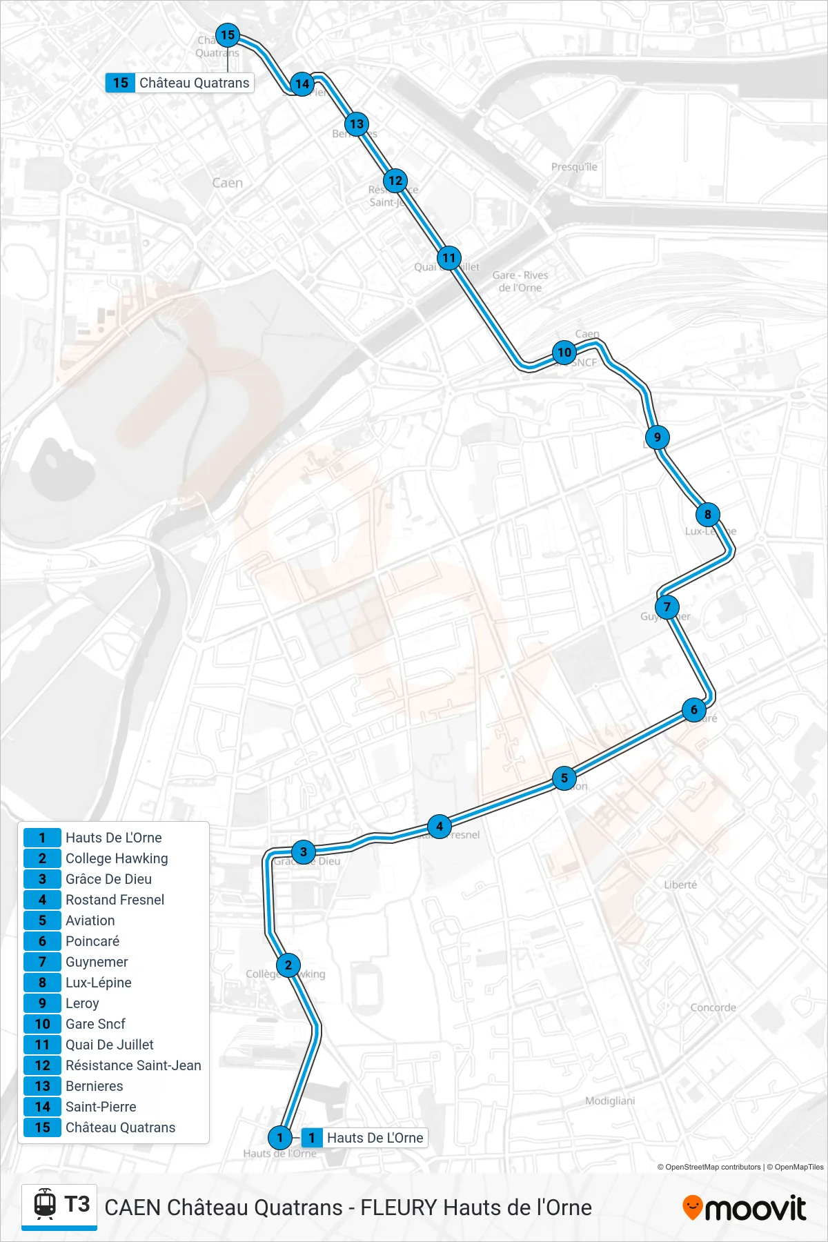 Tracé et arrêts de la ligne T3 de tram (Caen Château Quatrans) sur une carte
