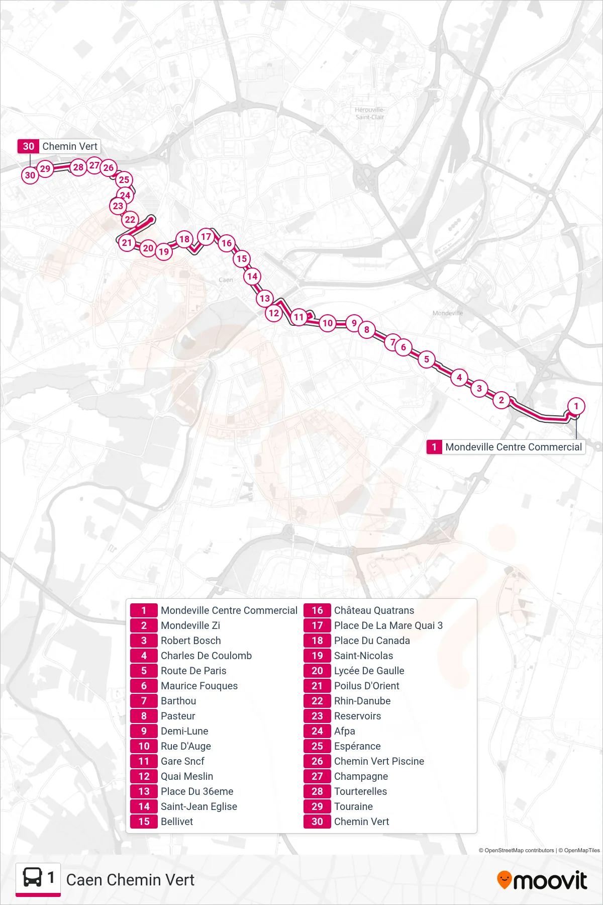 Tracé et arrêts de la ligne 1 de bus (Caen Chemin Vert) sur une carte