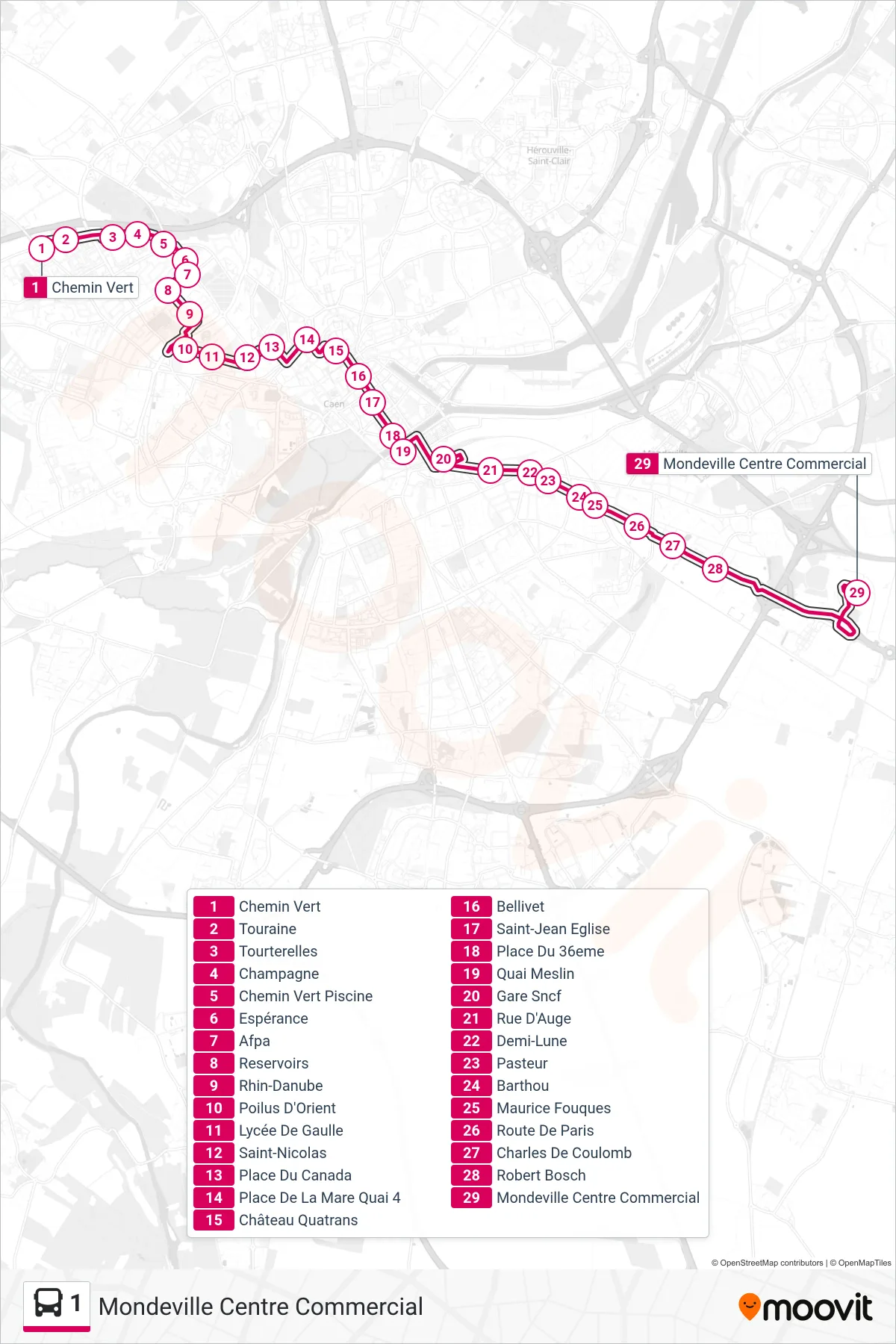 Tracé et arrêts de la ligne 1 de bus (Mondeville Centre Commercial) sur une carte