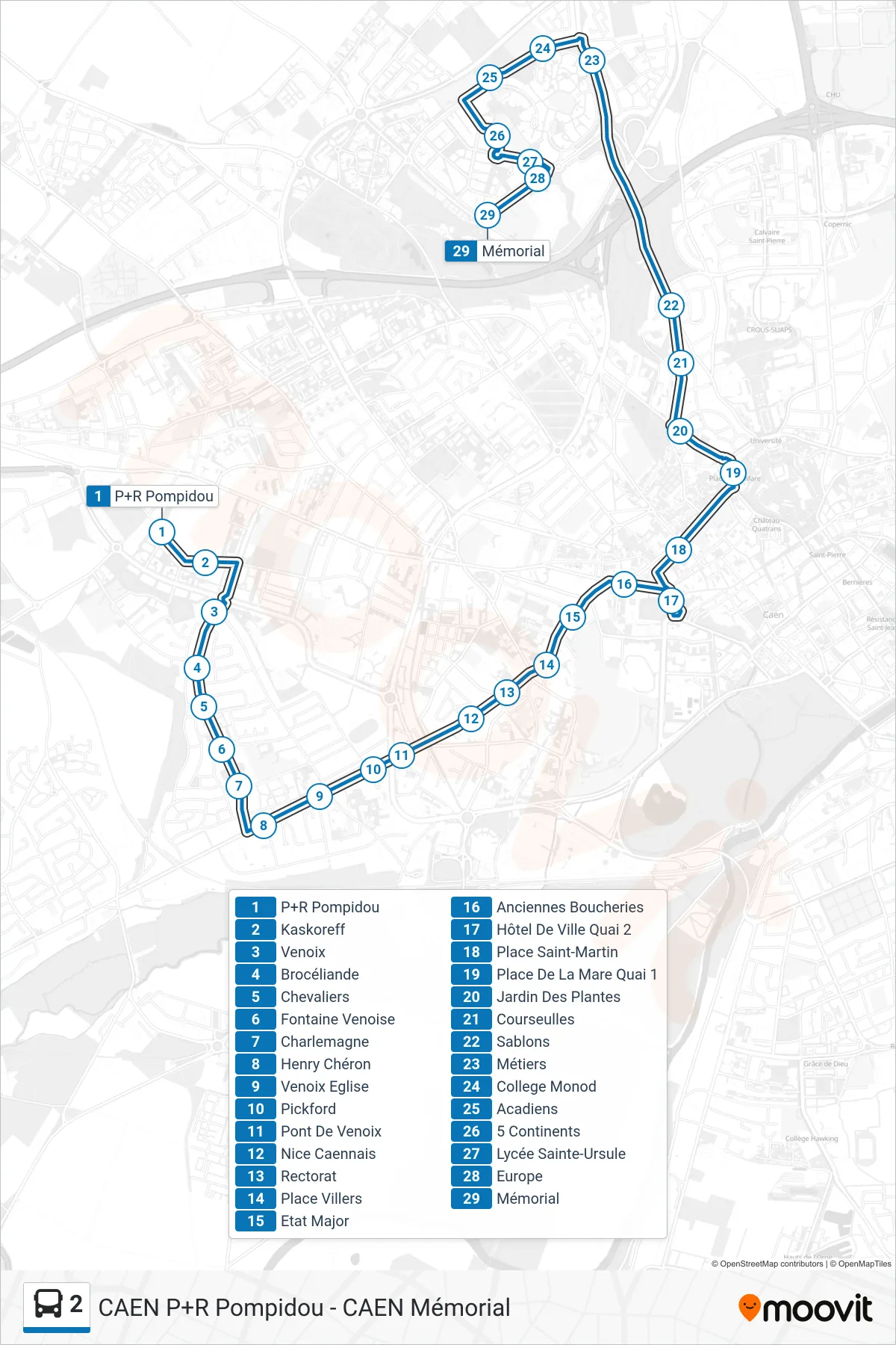 Tracé et arrêts de la ligne 2 de bus (Caen Mémorial) sur une carte