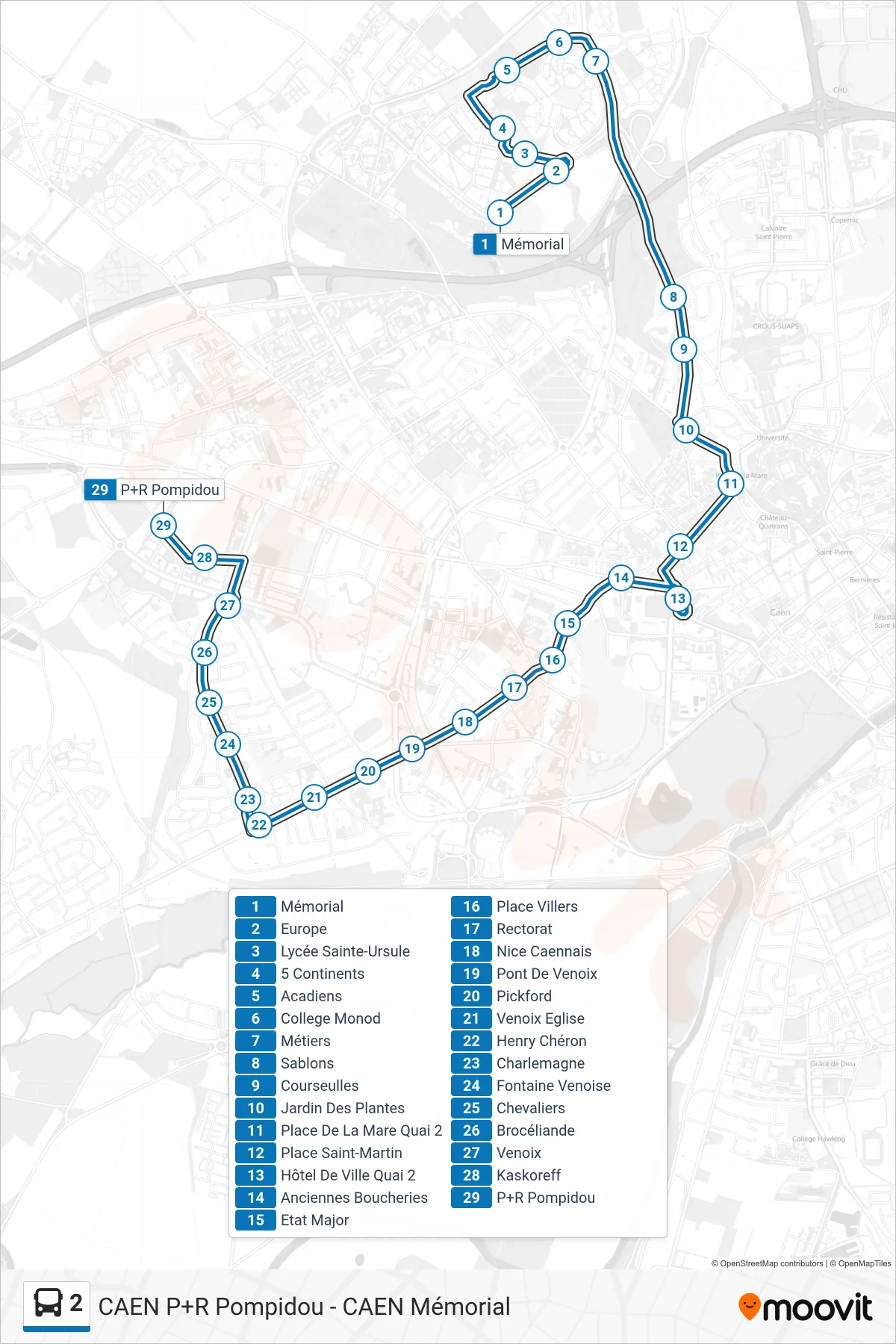 Tracé et arrêts de la ligne 2 de bus (Caen P+R Pompidou) sur une carte