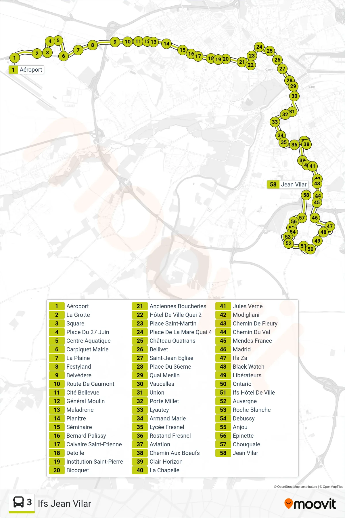 Tracé et arrêts de la ligne 3 de bus (Ifs Jean Vilar) sur une carte