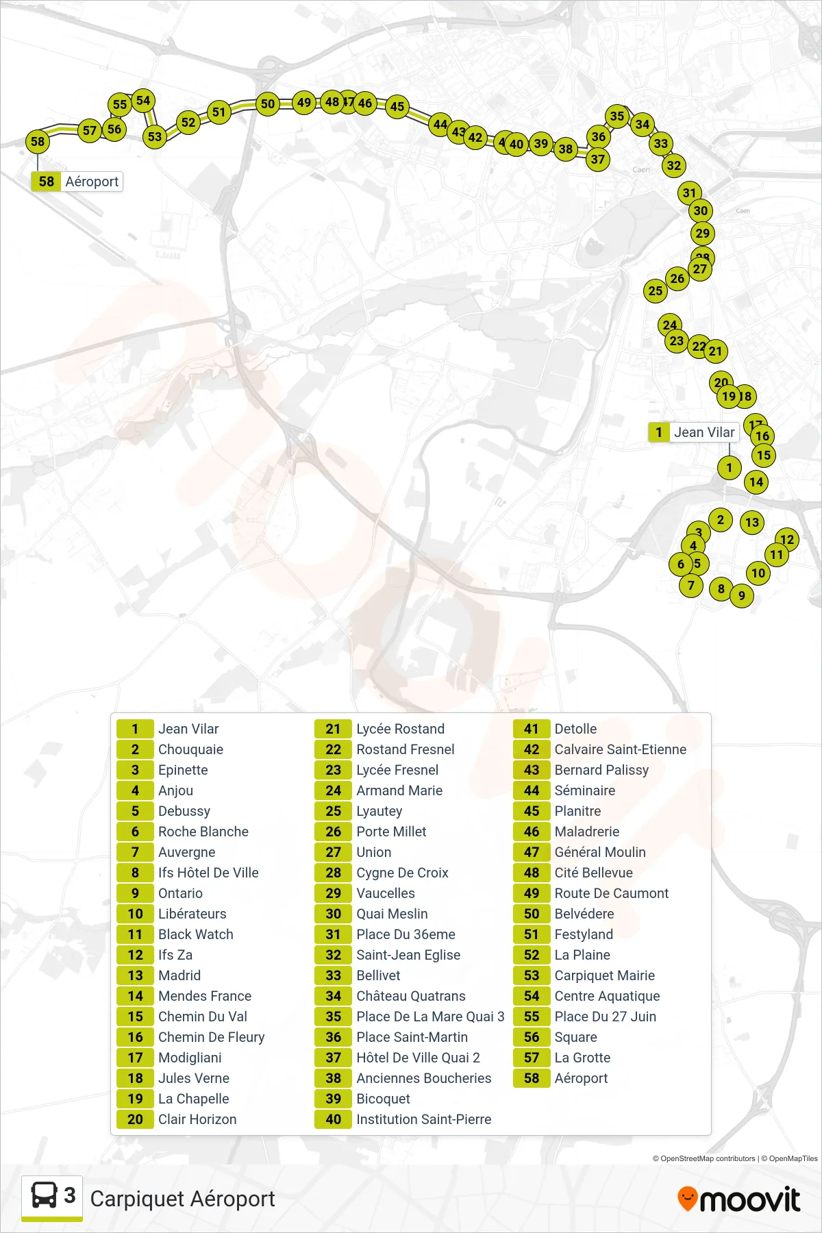 Tracé et arrêts de la ligne 3 de bus (Carpiquet Aéroport) sur une carte