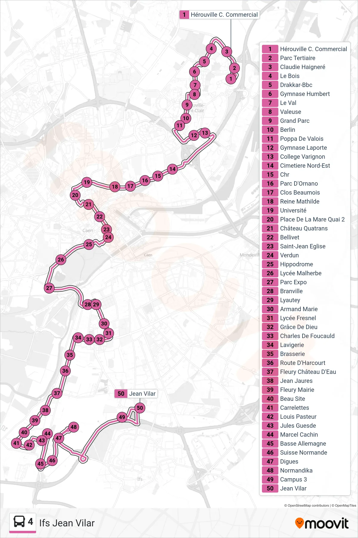Tracé et arrêts de la ligne 4 de bus (Ifs Jean Vilar) sur une carte