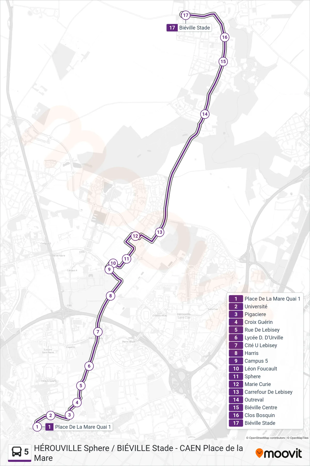 5 bus Line (Bieville-Beuville Stade) route and stops on a map