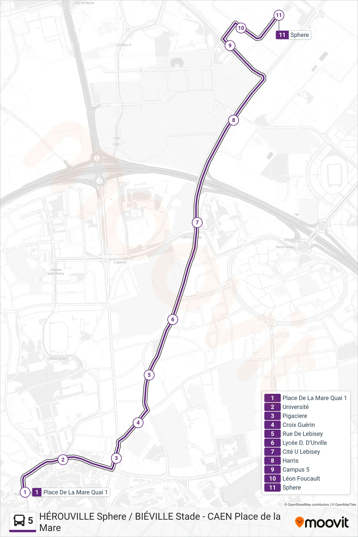 Tracé et arrêts de la ligne 5 de bus (Herouville Sphere) sur une carte