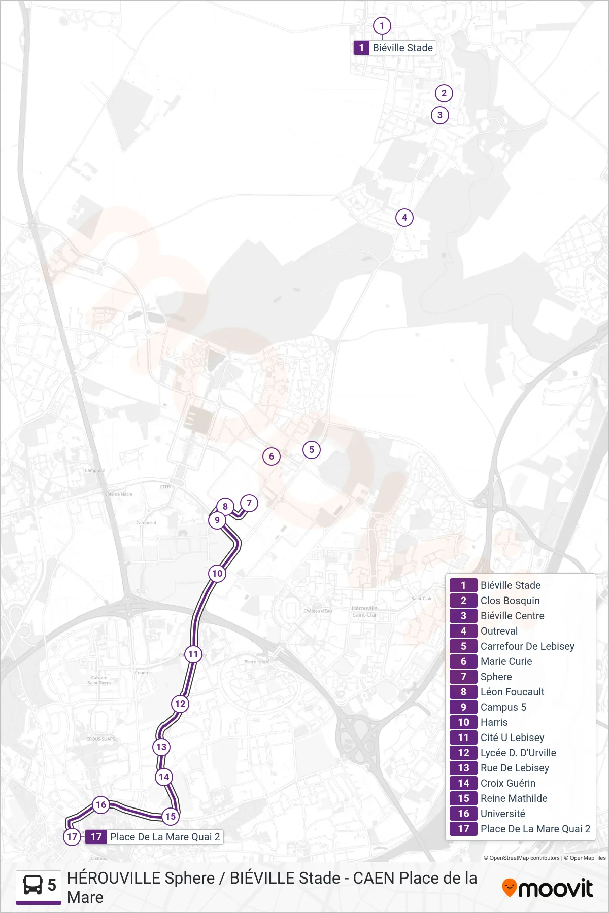 Tracé et arrêts de la ligne 5 de bus (Caen Place De La Mare) sur une carte