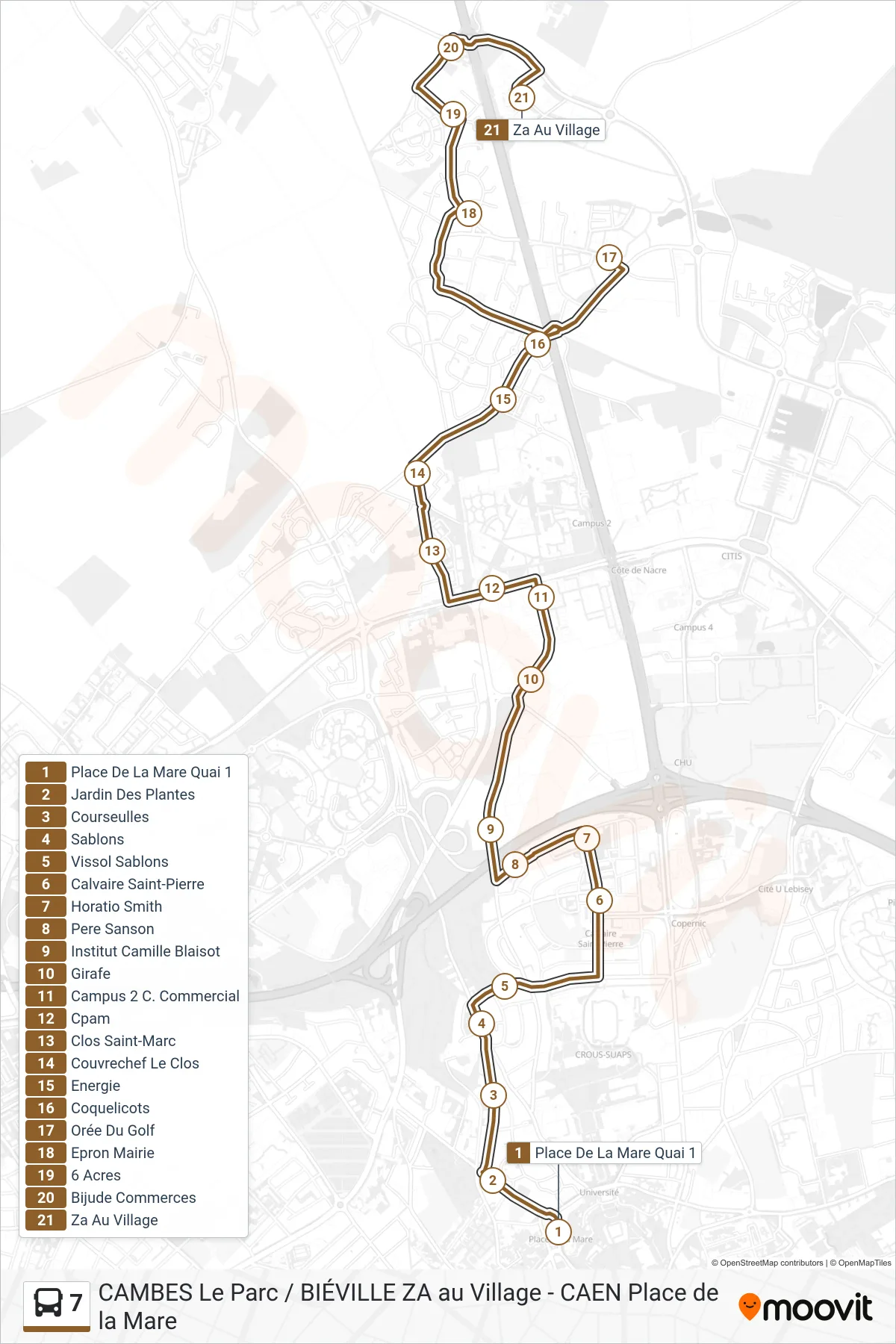 Tracé et arrêts de la ligne 7 de bus (Bieville Za Au Village) sur une carte