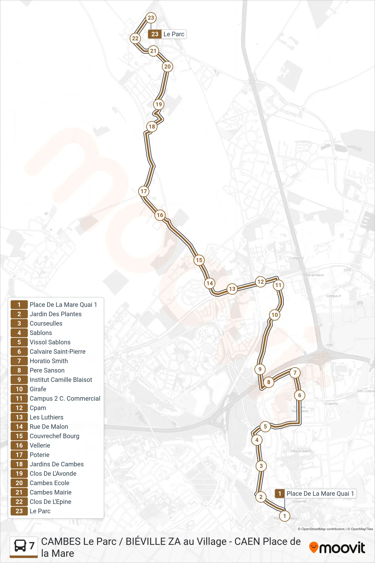 Tracé et arrêts de la ligne 7 de bus (Cambes Le Parc) sur une carte
