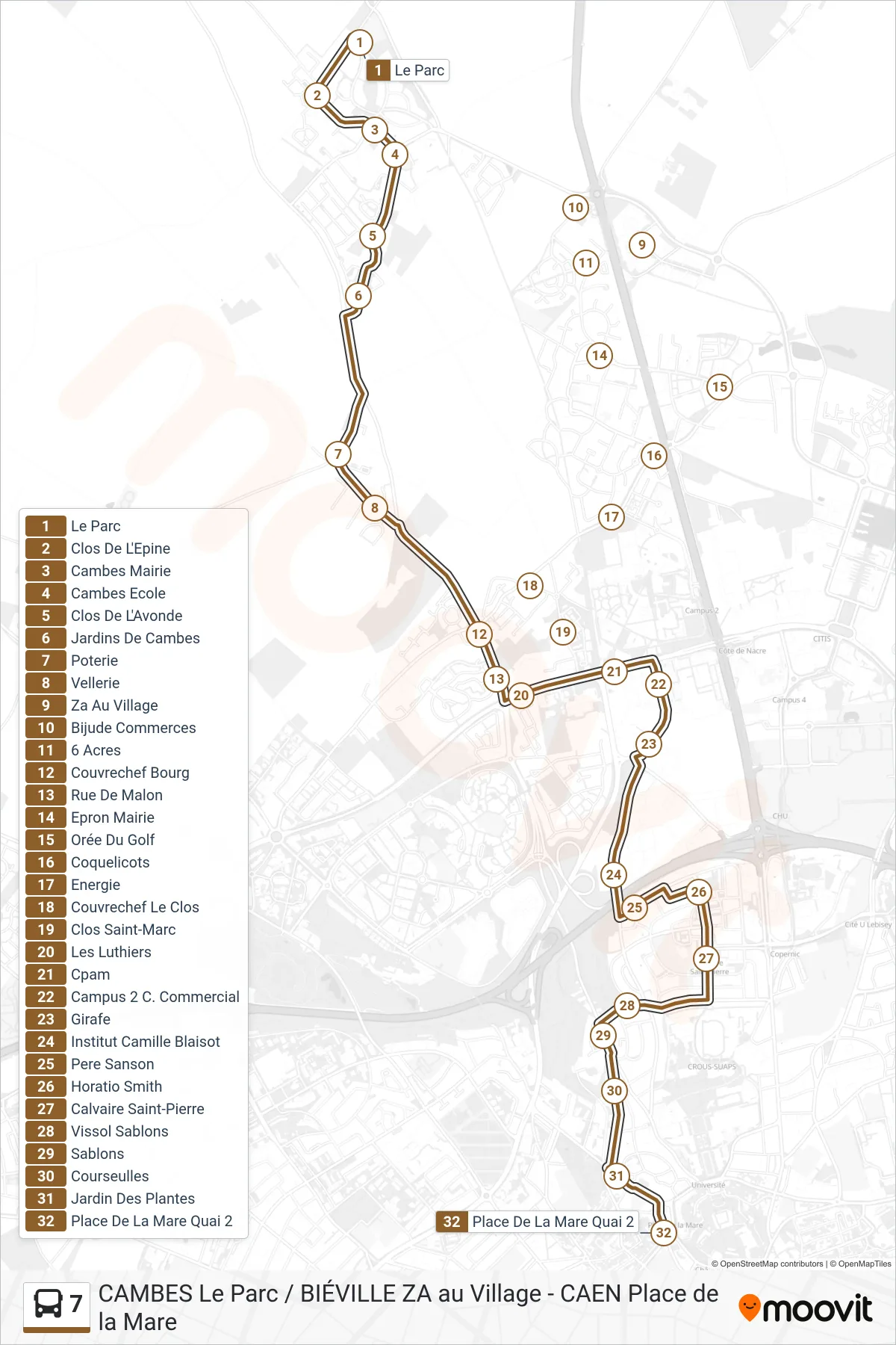 Tracé et arrêts de la ligne 7 de bus (Caen Place De La Mare) sur une carte