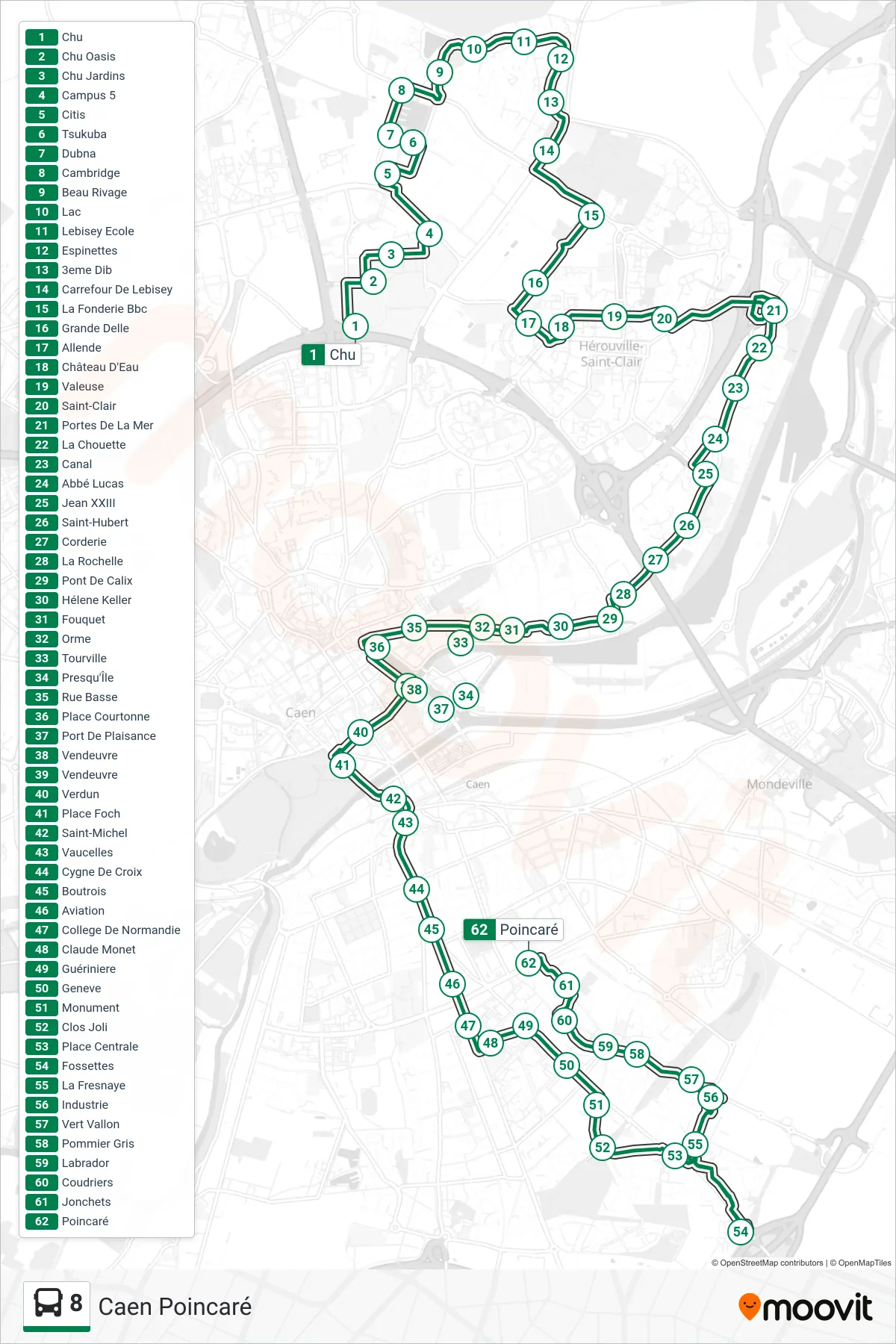 Tracé et arrêts de la ligne 8 de bus (Caen Poincaré) sur une carte