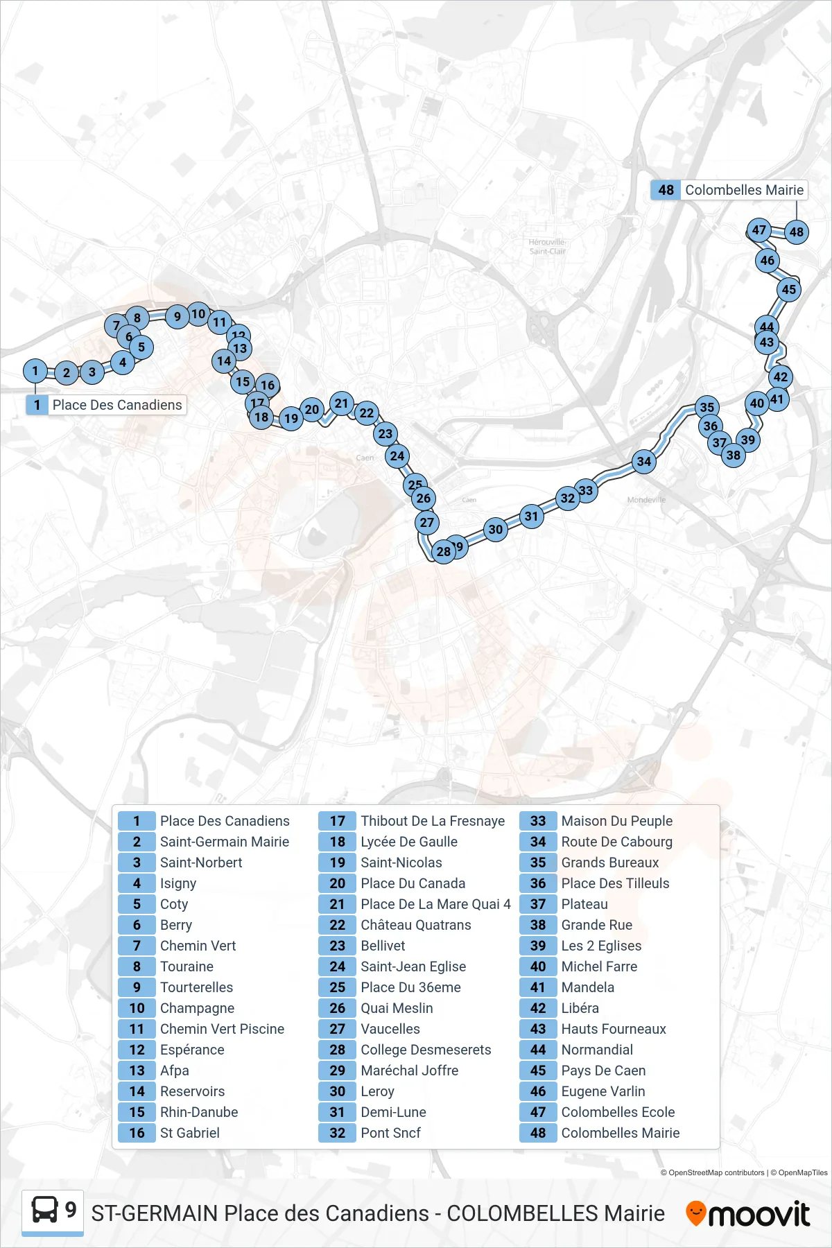 Tracé et arrêts de la ligne 9 de bus (Colombelles Mairie) sur une carte