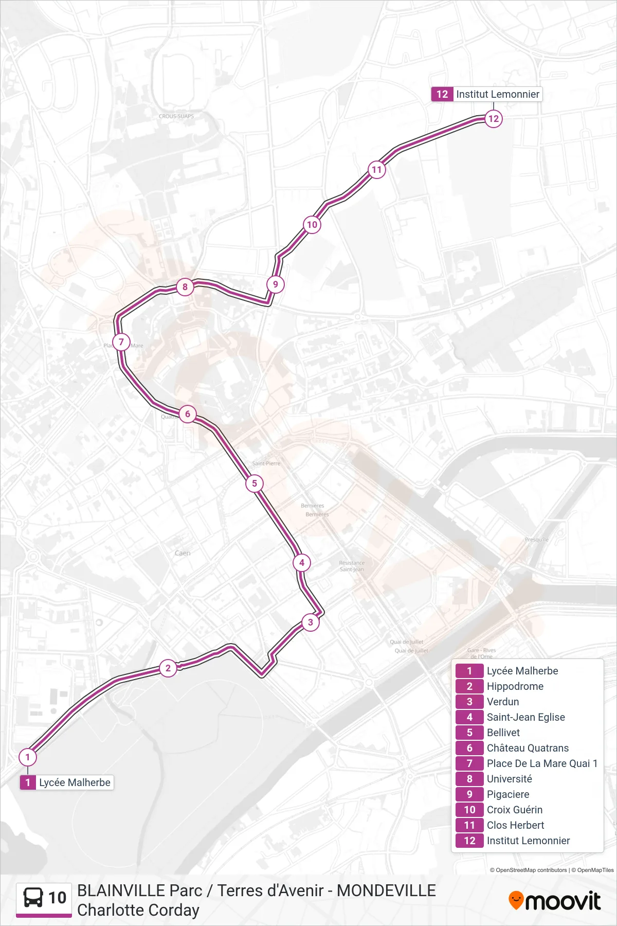 Tracé et arrêts de la ligne 10 de bus (Caen Institut Lemonnier) sur une carte