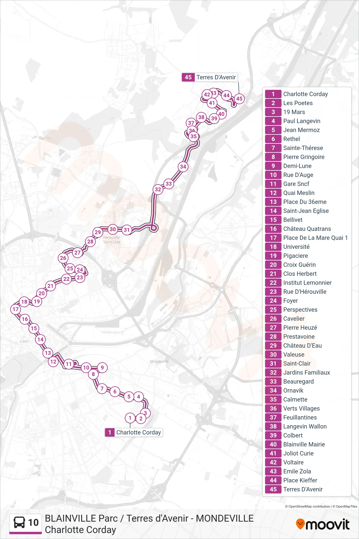 Recorrido y paradas de la línea 10 de autobús (Blainville Terres D'Avenir) en el mapa