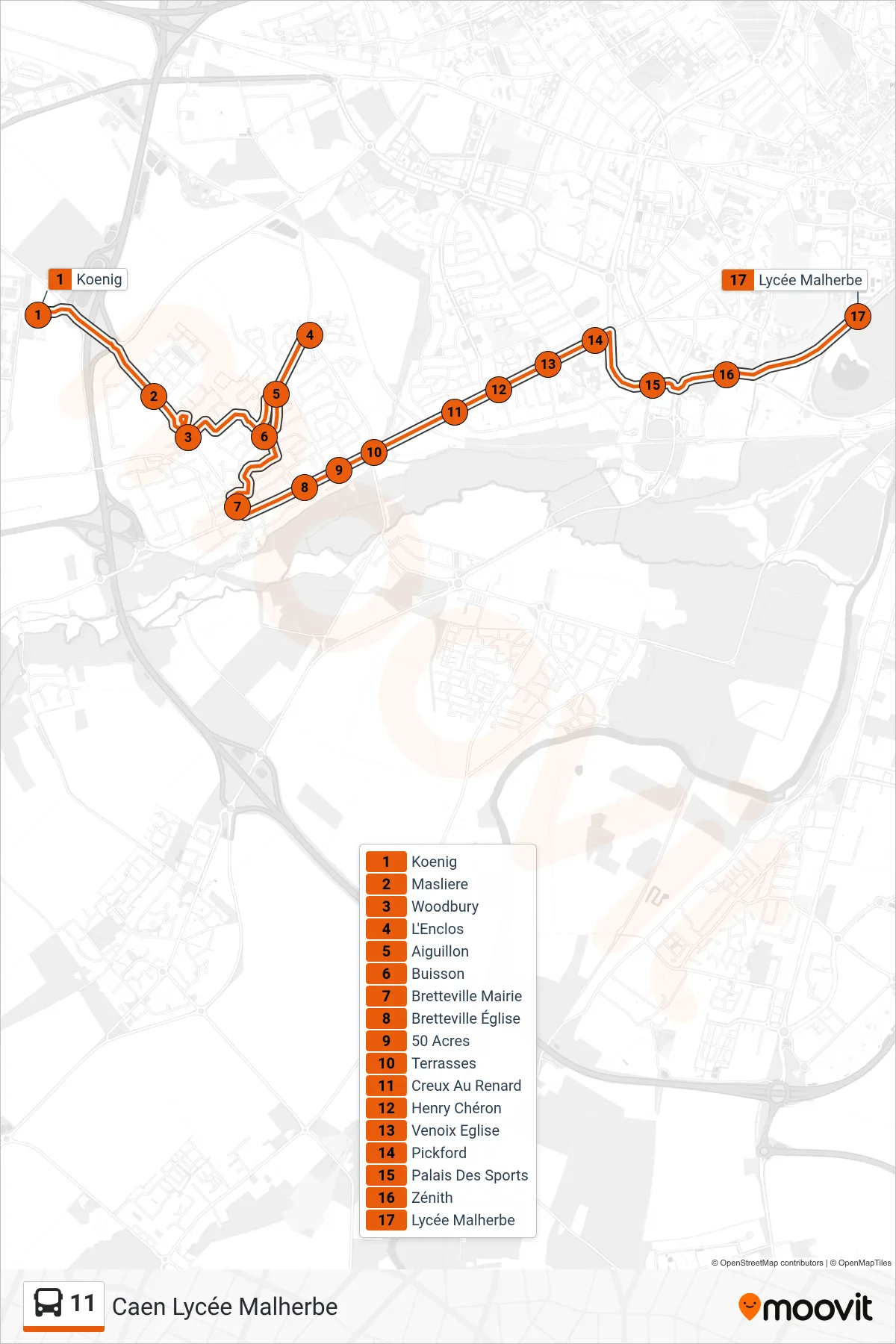 11 bus Line (Caen Lycée Malherbe) route and stops on a map