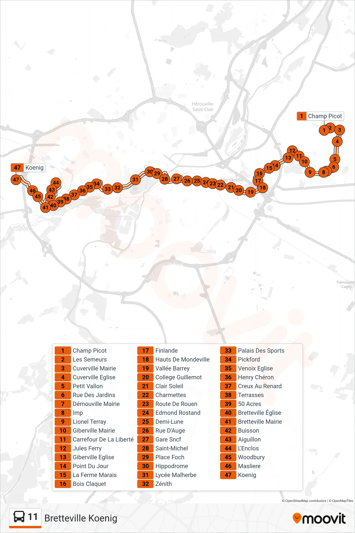 Tracé et arrêts de la ligne 11 de bus (Bretteville Koenig) sur une carte