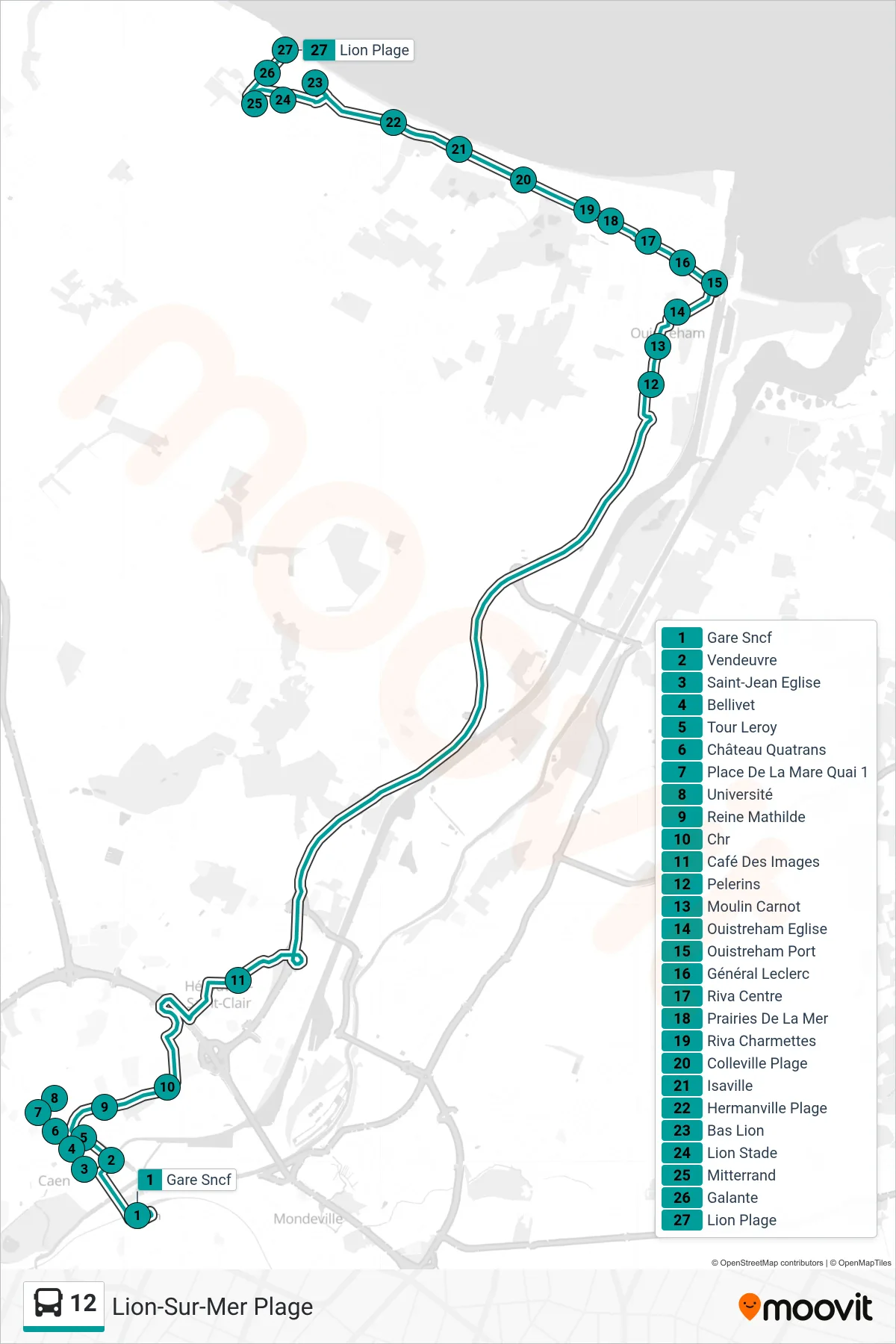 12 bus Line (Lion-Sur-Mer Plage) route and stops on a map