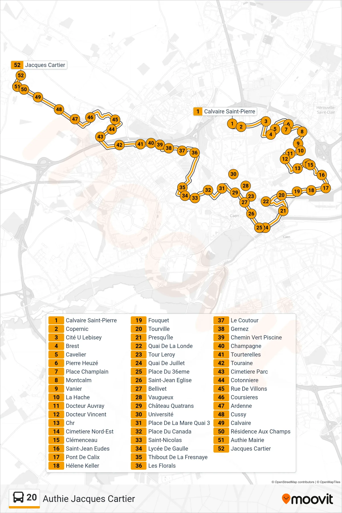 Tracé et arrêts de la ligne 20 de bus (Authie Jacques Cartier) sur une carte