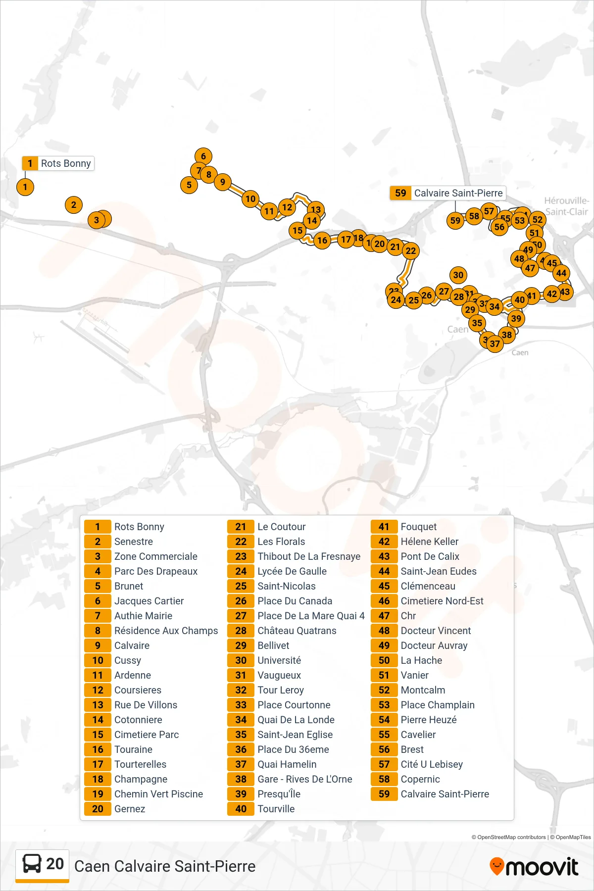 Tracé et arrêts de la ligne 20 de bus (Caen Calvaire Saint-Pierre) sur une carte