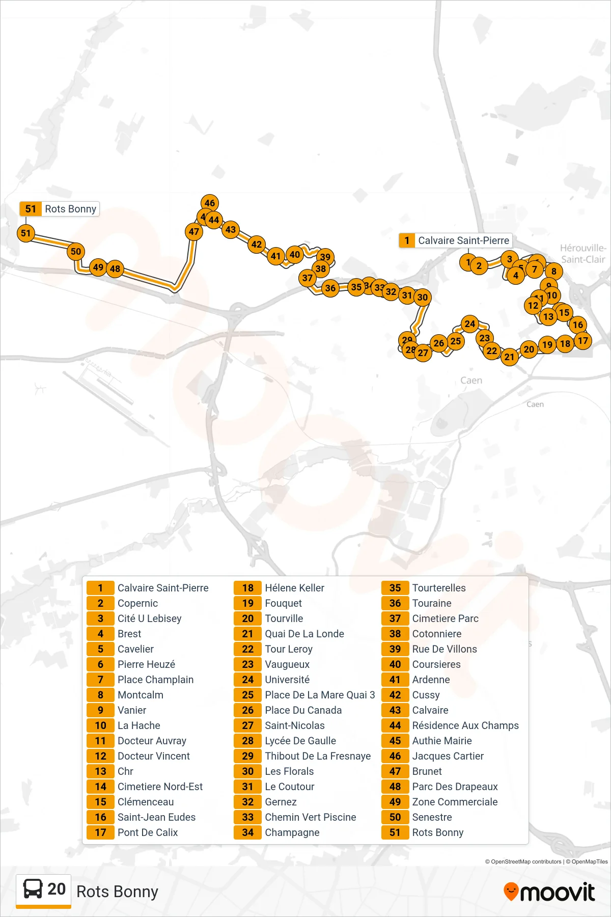 Tracé et arrêts de la ligne 20 de bus (Rots Bonny) sur une carte