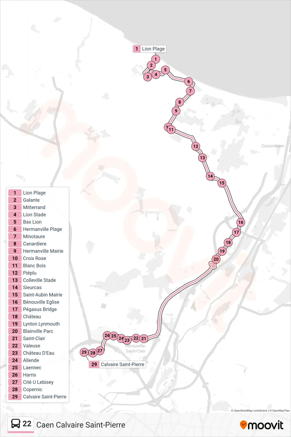 Tracé et arrêts de la ligne 22 de bus (Caen Calvaire Saint-Pierre) sur une carte