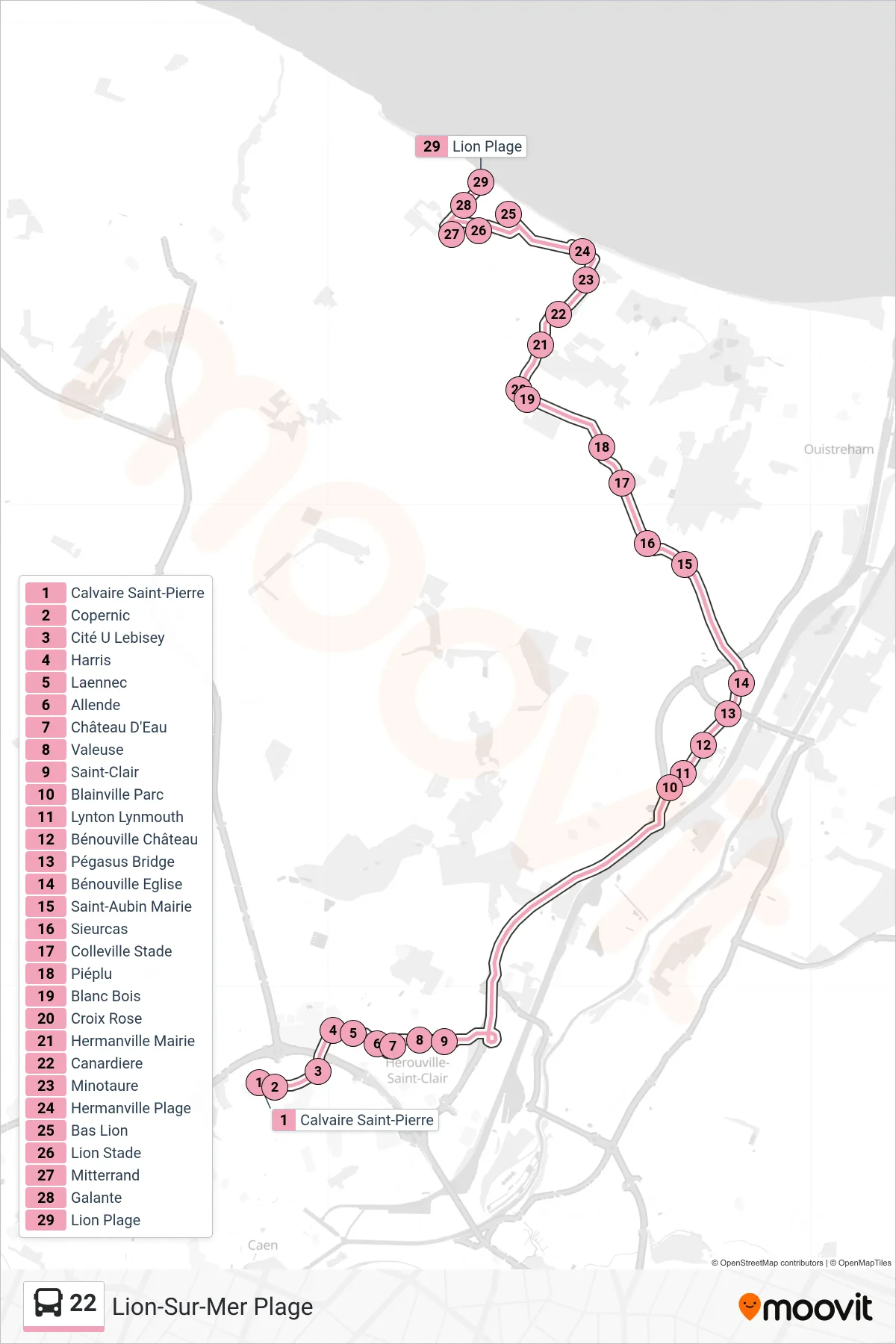 Tracé et arrêts de la ligne 22 de bus (Lion-Sur-Mer Plage) sur une carte