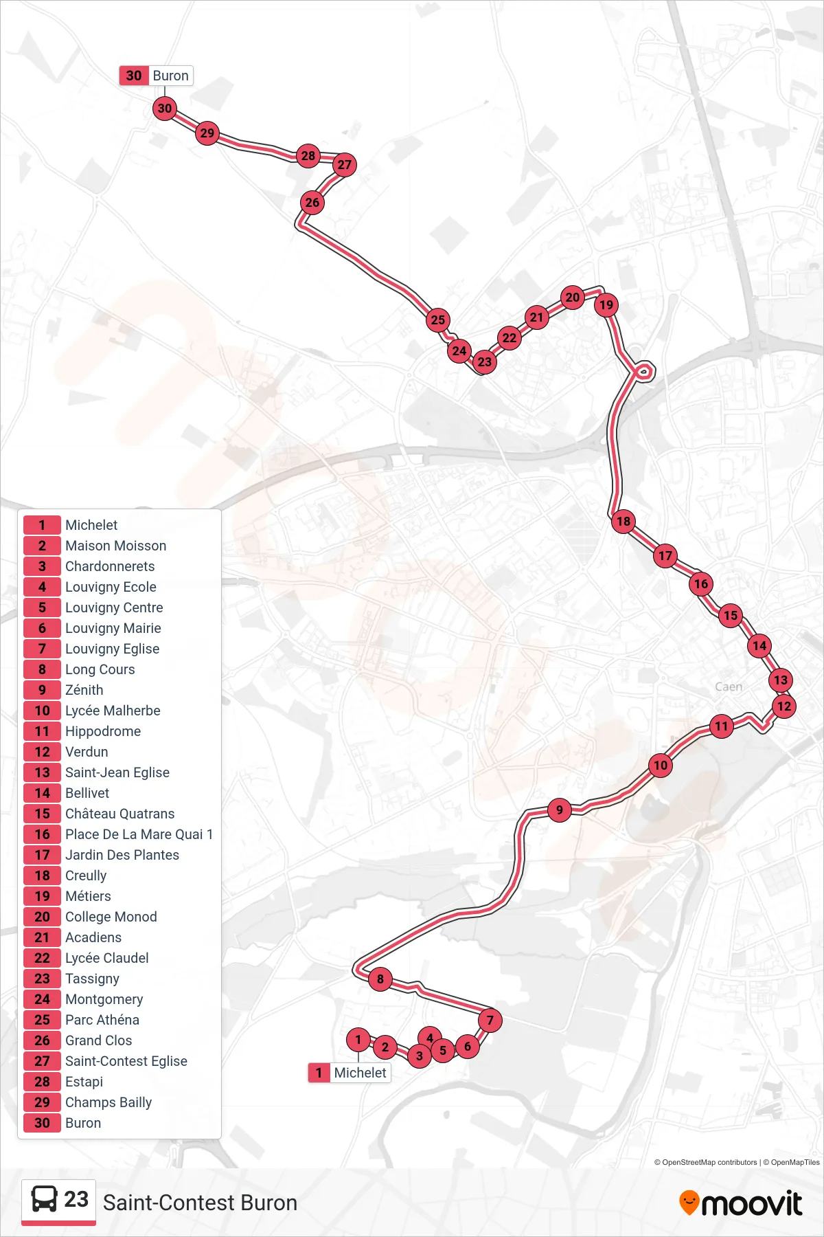 Tracé et arrêts de la ligne 23 de bus (Saint-Contest Buron) sur une carte