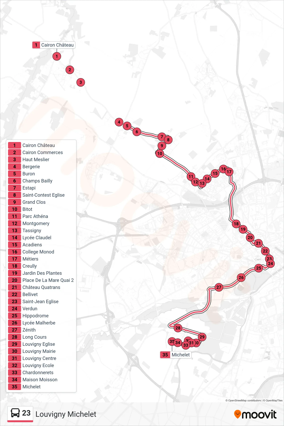 Tracé et arrêts de la ligne 23 de bus (Louvigny Michelet) sur une carte