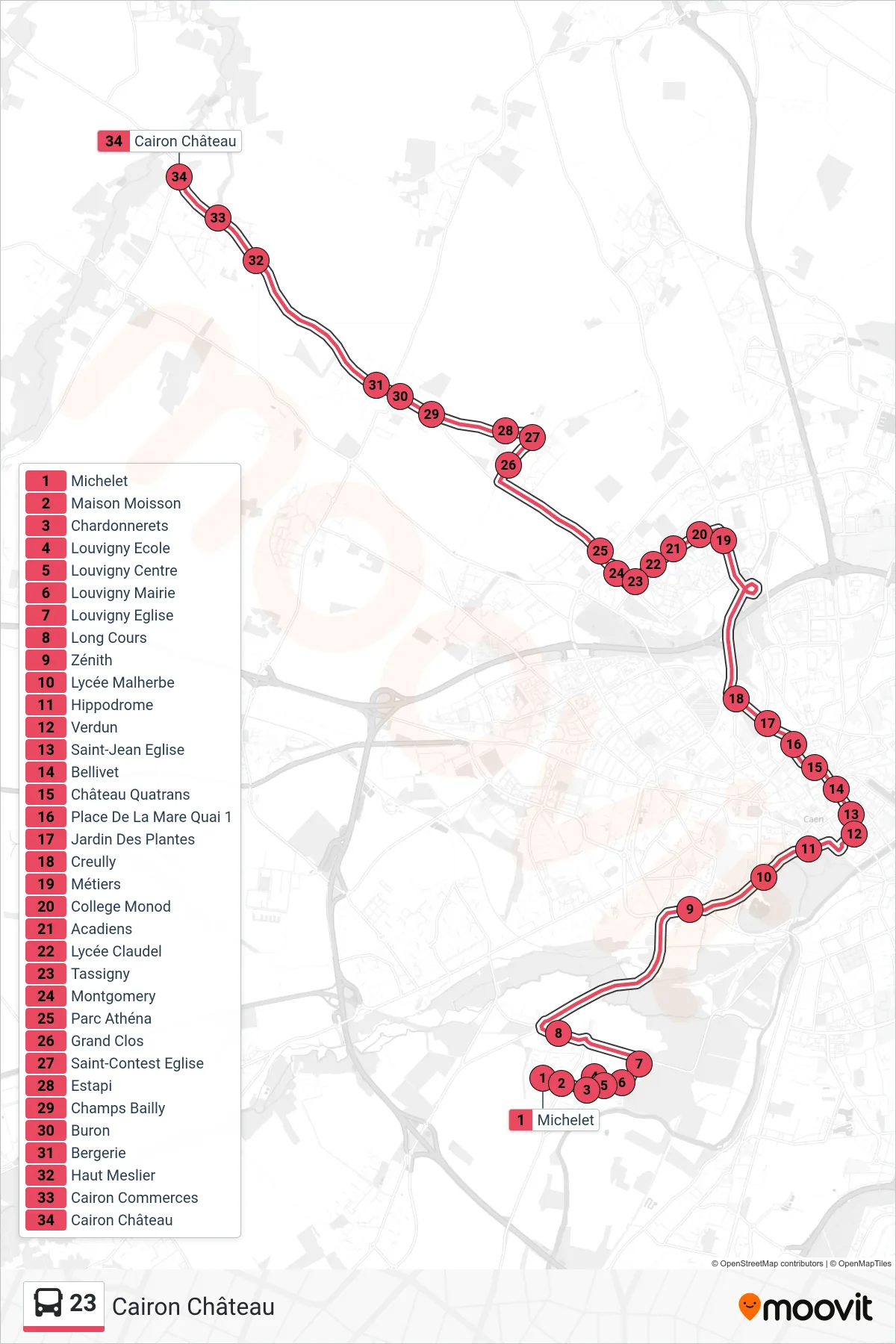 Tracé et arrêts de la ligne 23 de bus (Cairon Château) sur une carte