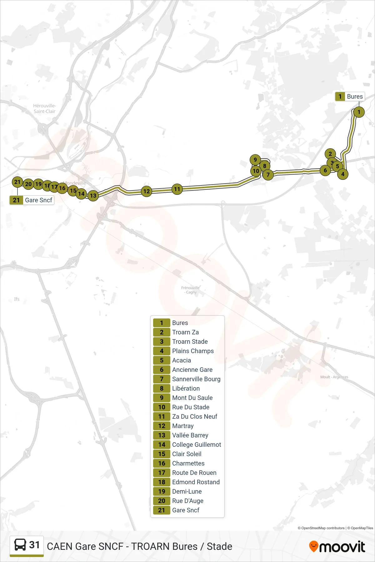 Tracé et arrêts de la ligne 31 de bus (Caen Gare Sncf) sur une carte