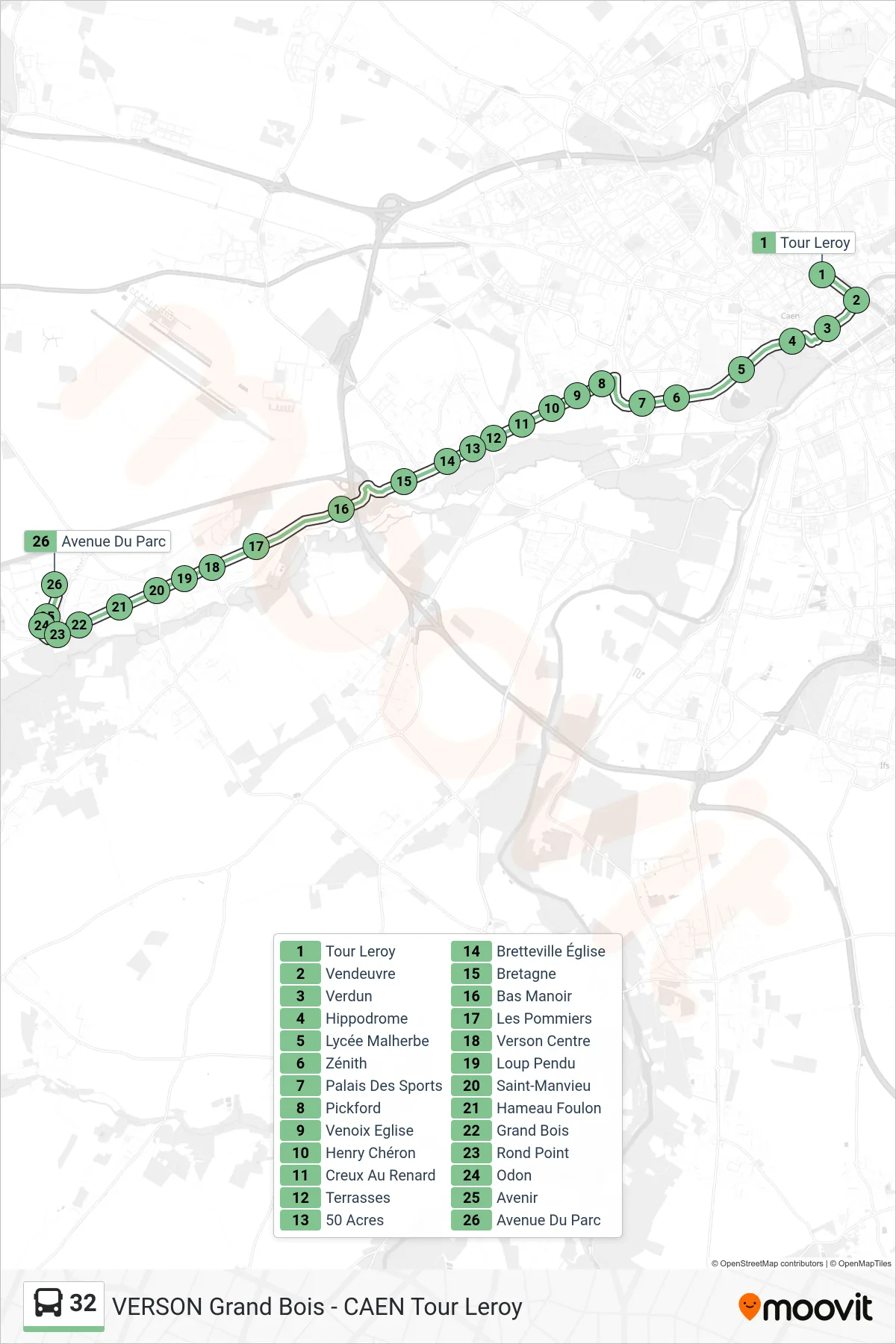 Tracé et arrêts de la ligne 32 de bus (Verson Avenue Du Parc) sur une carte