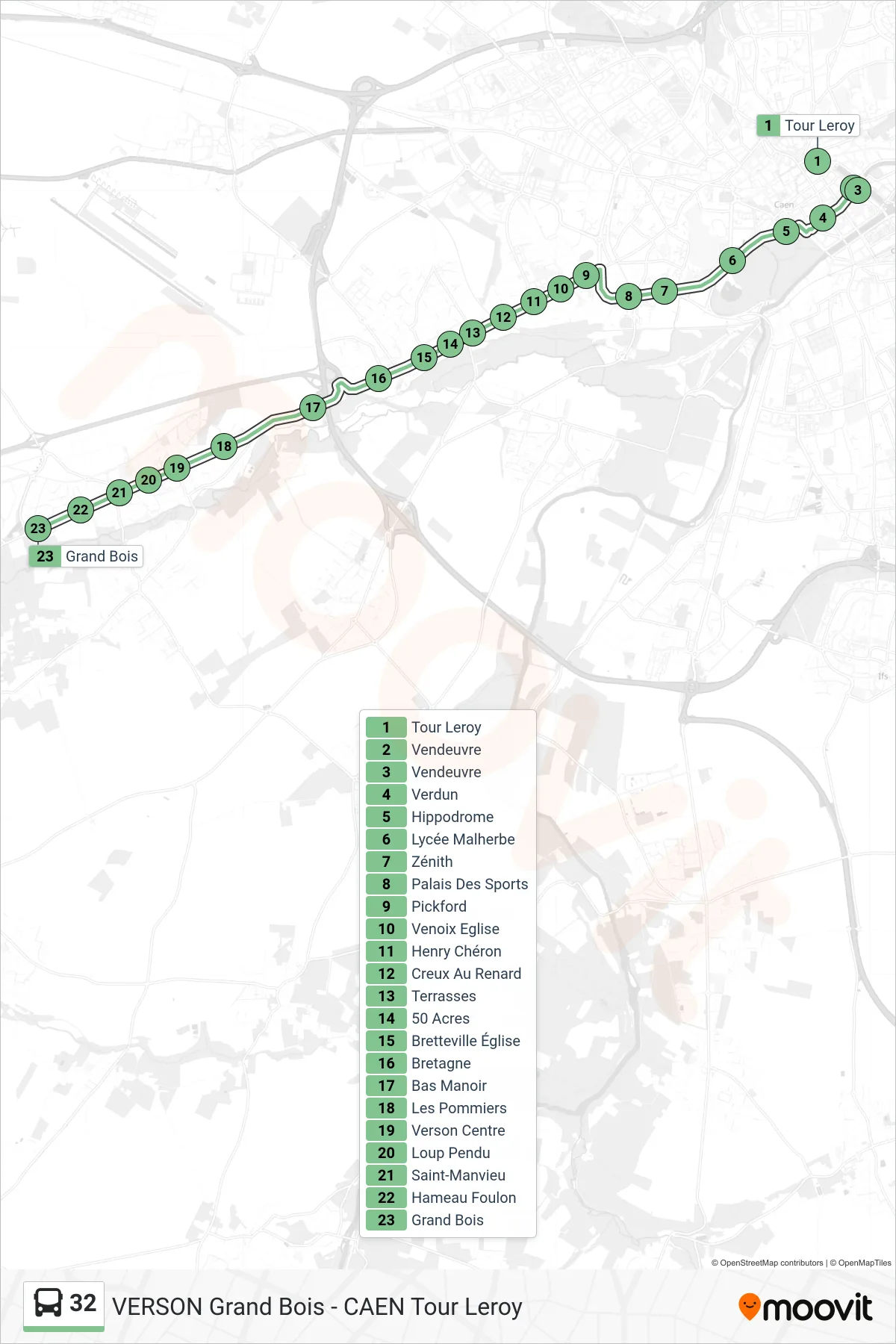 32 bus Line (Verson Grand Bois) route and stops on a map