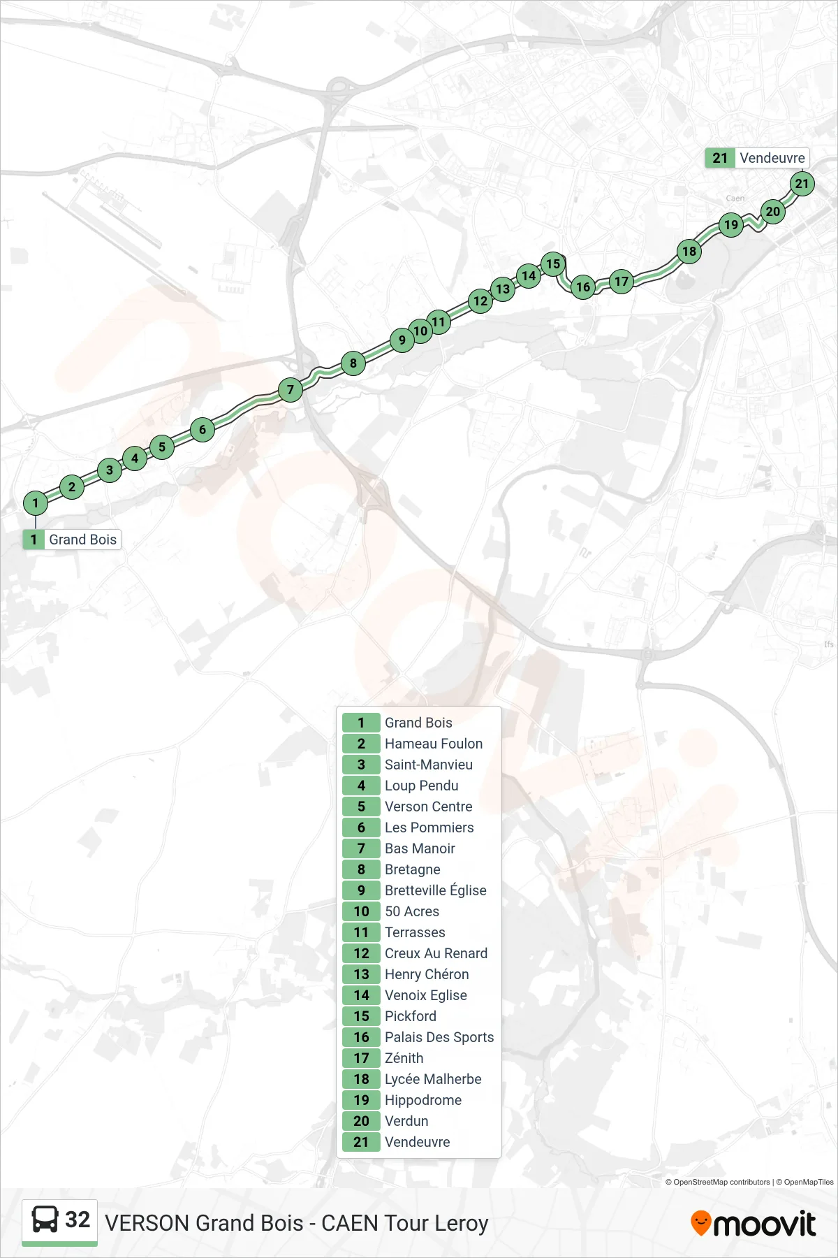 Tracé et arrêts de la ligne 32 de bus (Caen Vendeuvre) sur une carte